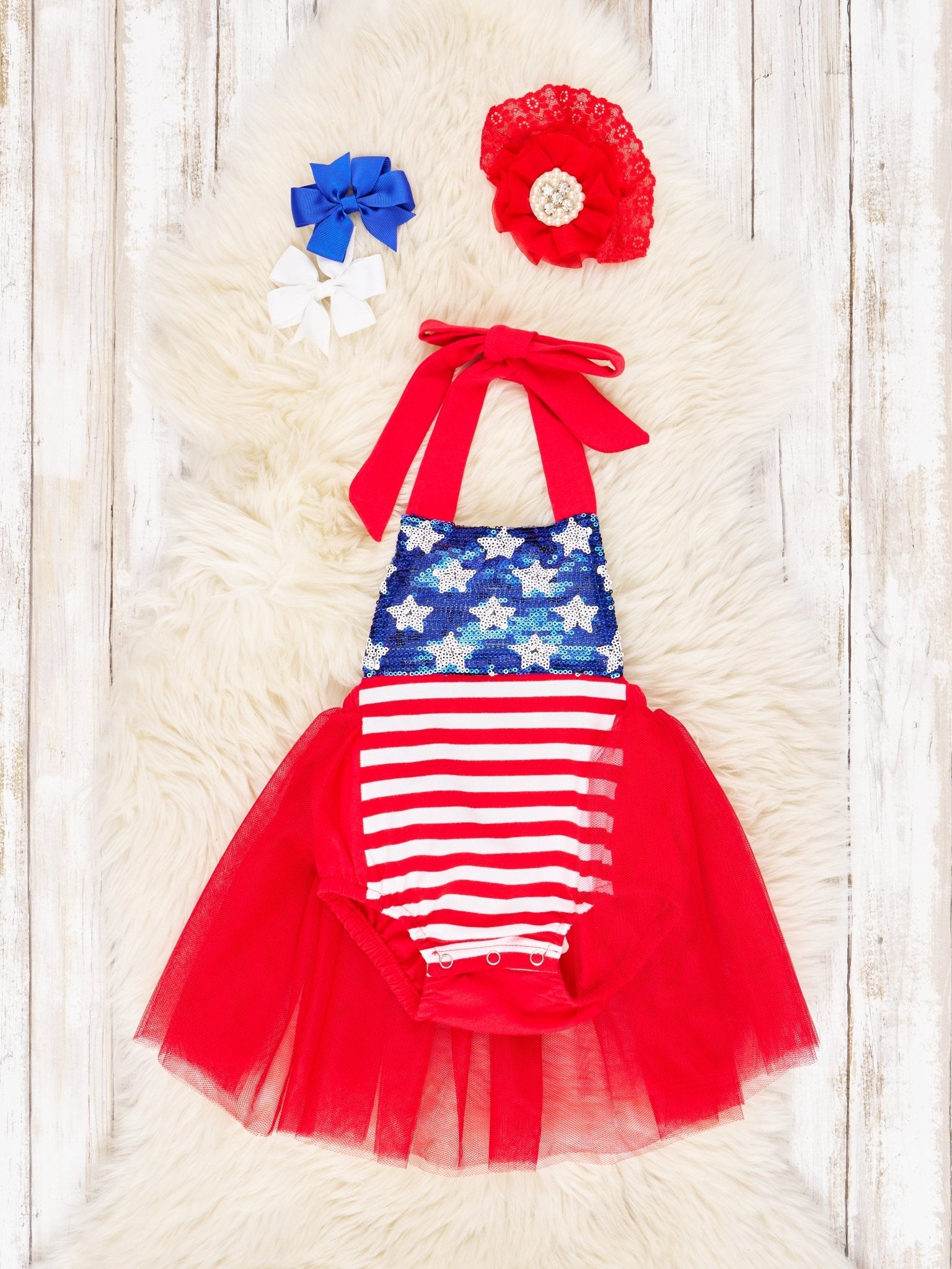 Stars & Stripes Sequin Red Tulle Bubble Romper - Marie Nicole Clothing