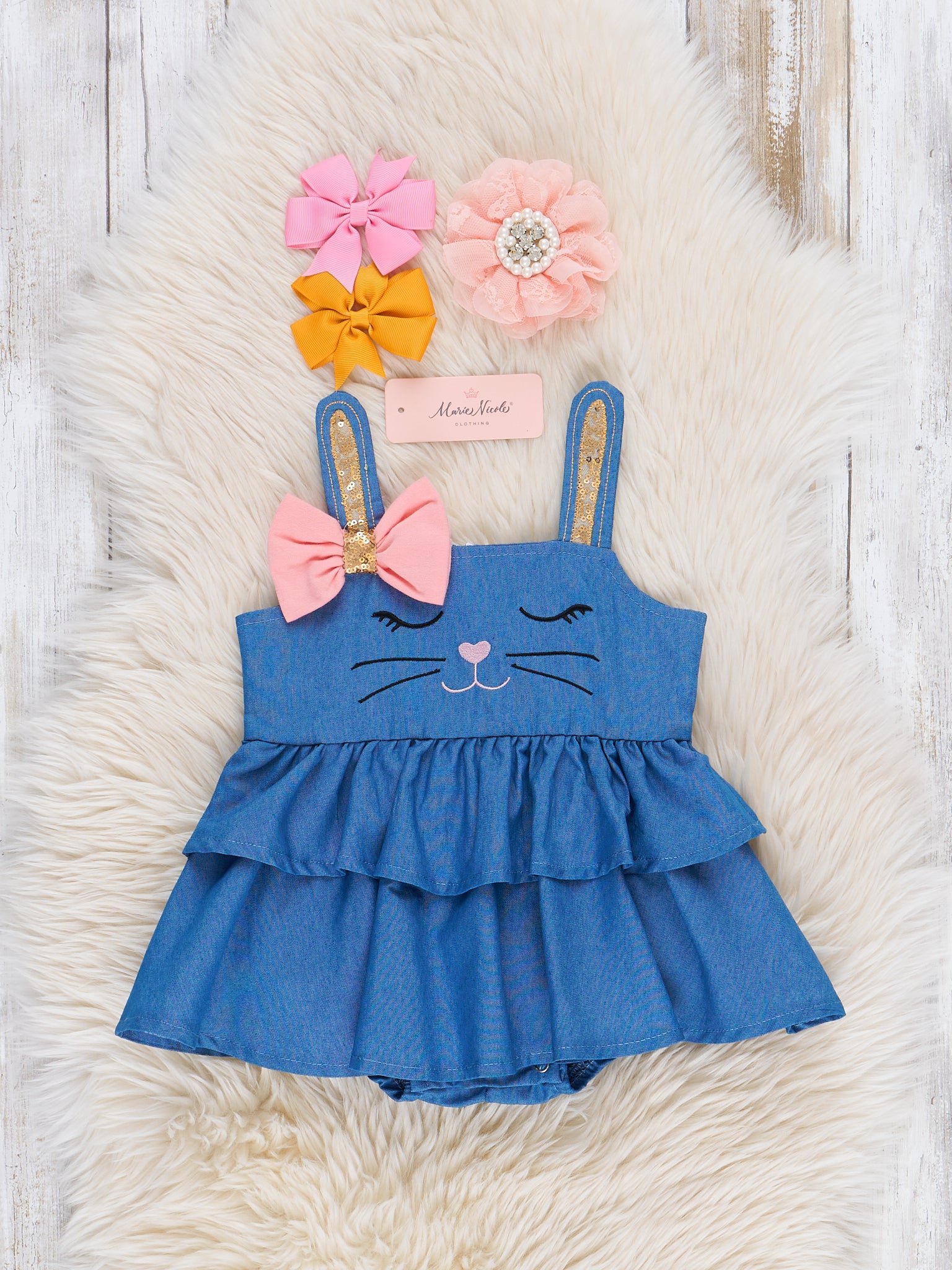 Chambray Bunny Bow Tiered Ruffle Bubble Romper - Marie Nicole Clothing