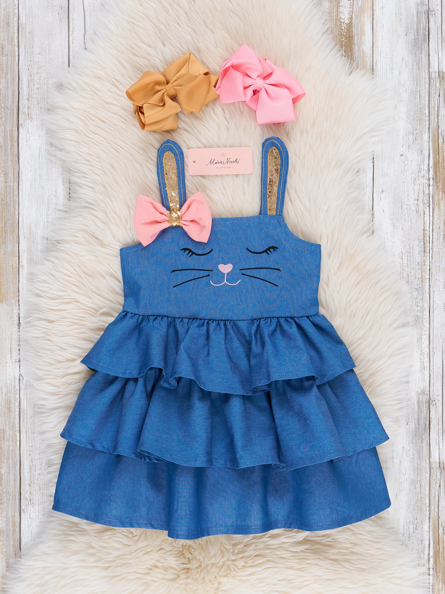 Chambray Bunny Bow Tiered Ruffle Dress - Marie Nicole Clothing