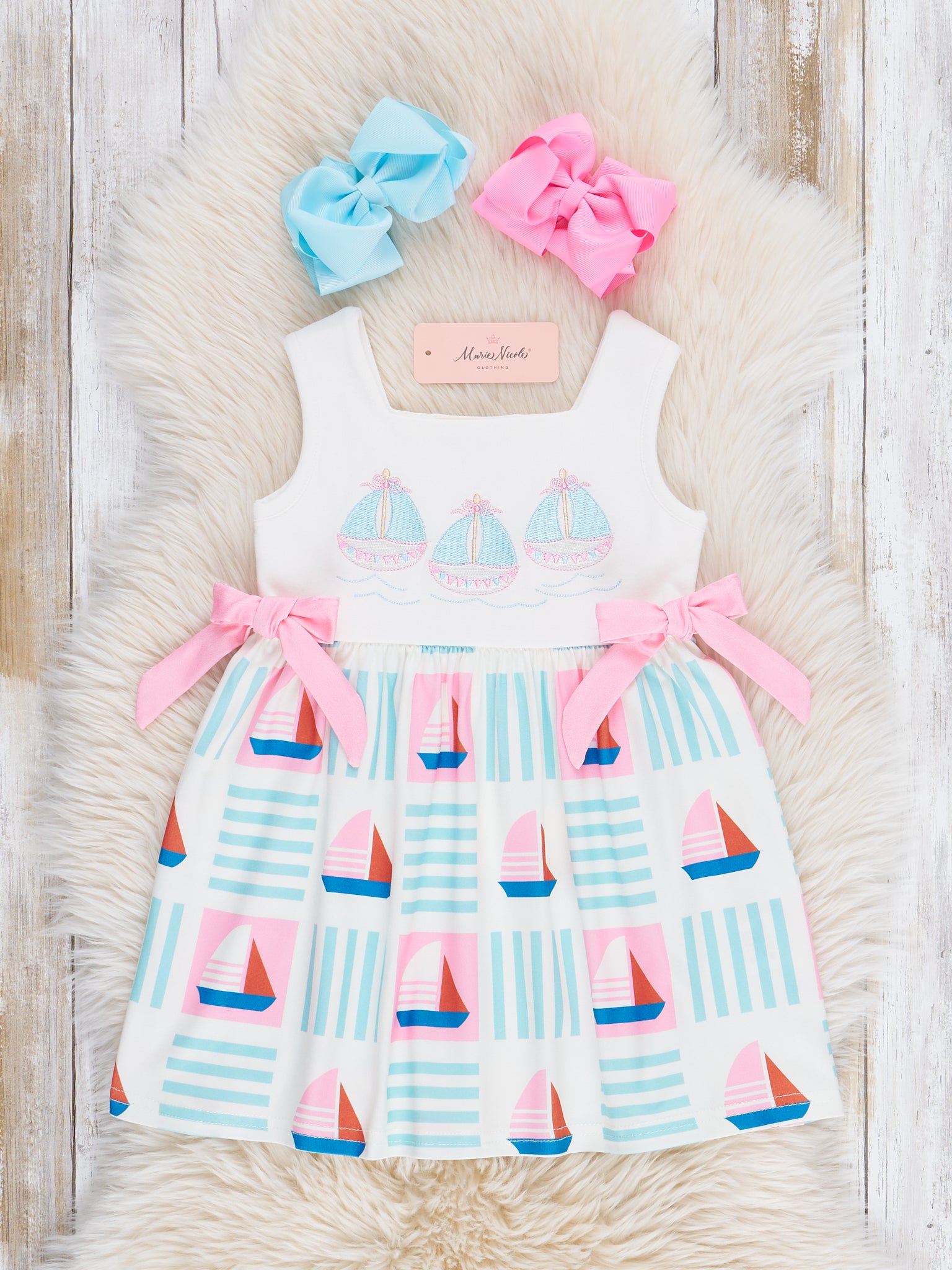 Pink & Blue Embroidered Sailboats Dress - Marie Nicole Clothing