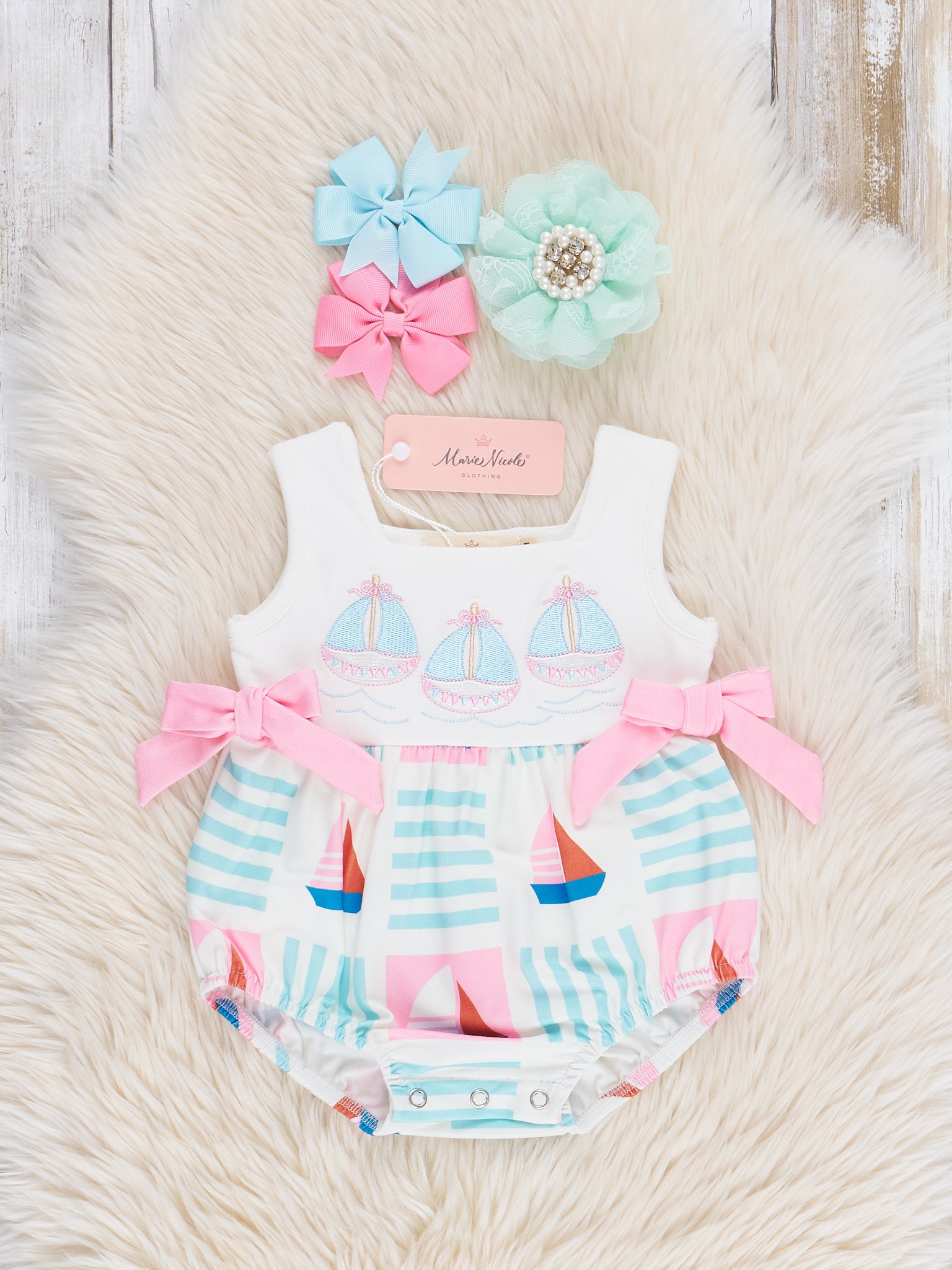 Pink & Blue Embroidered Sailboats Bubble Romper - Marie Nicole Clothing