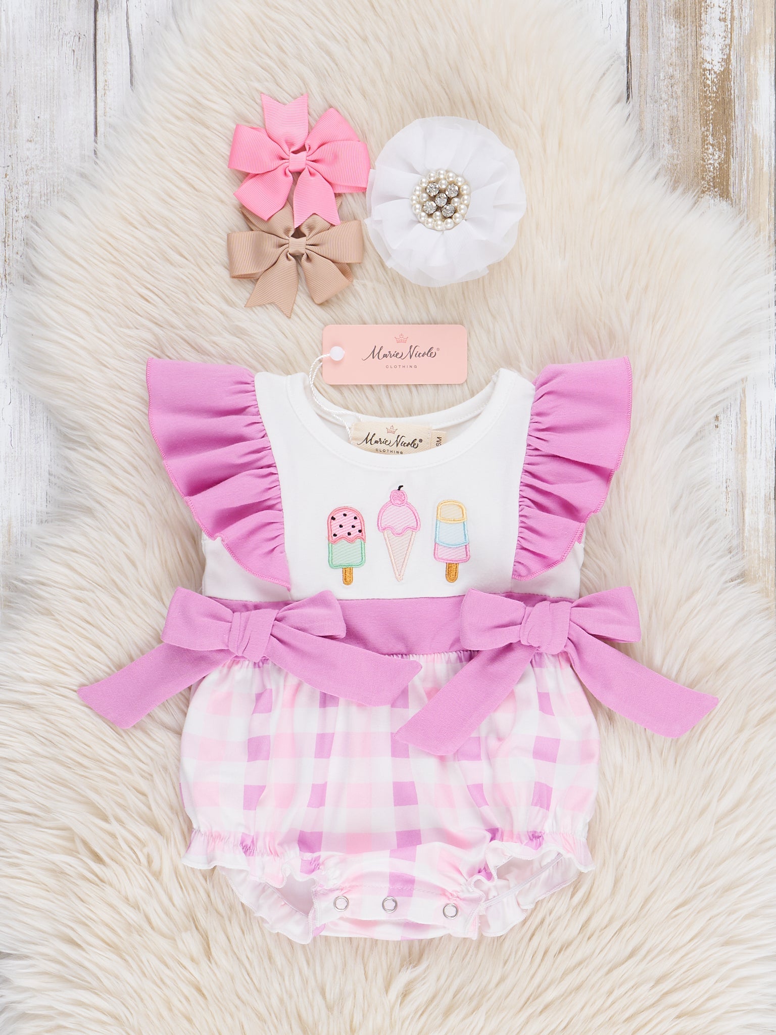 Embroidered Ice Cream Plaid Ruffle Bubble Romper - Marie Nicole Clothing