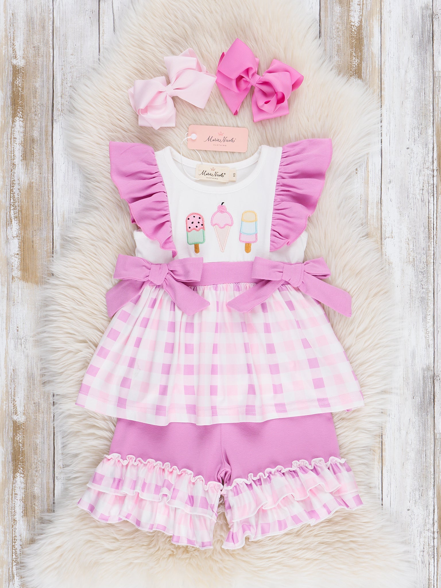 Embroidered Ice Cream Plaid Ruffle Outfit - Marie Nicole Clothing