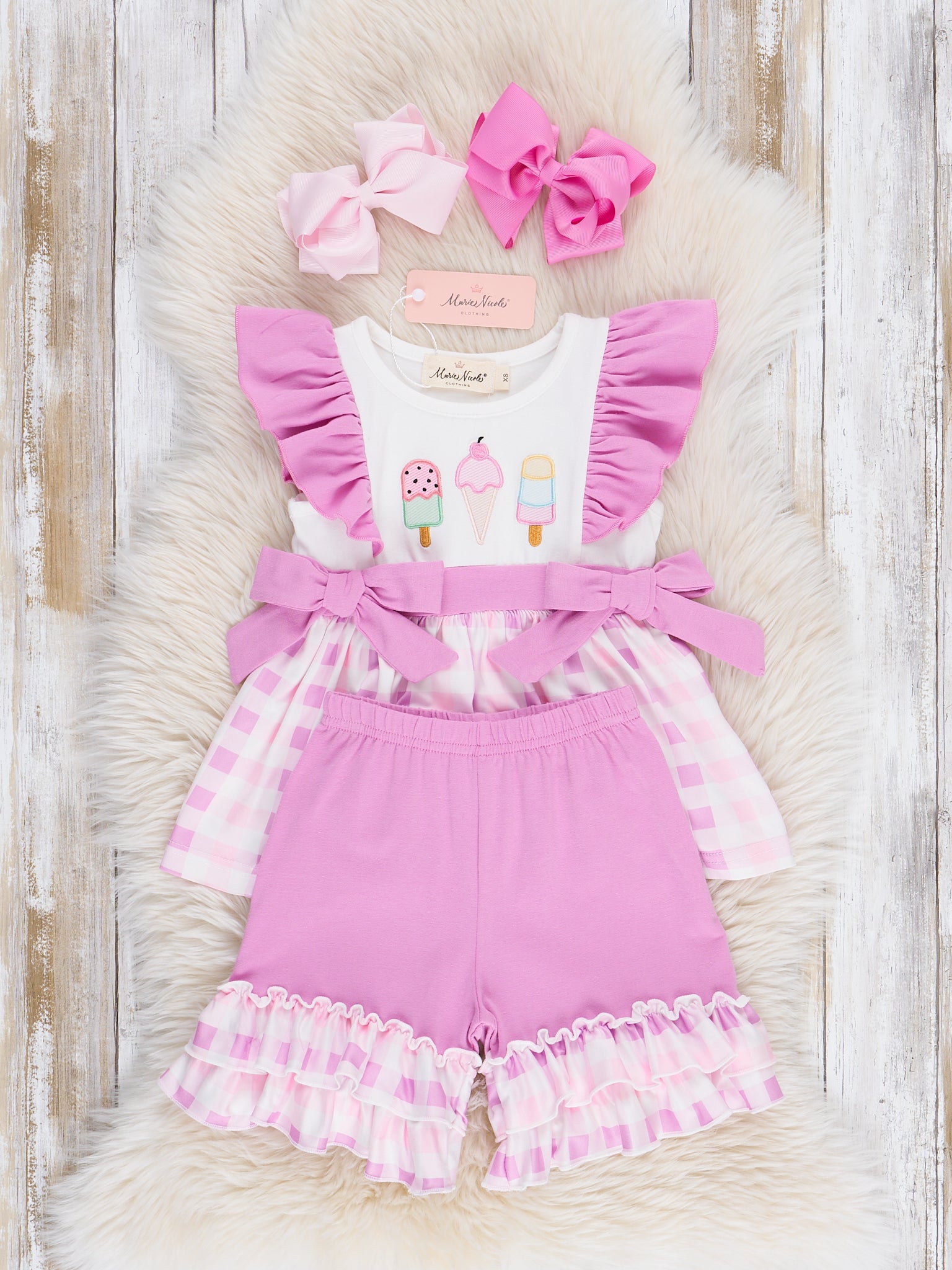 Embroidered Ice Cream Plaid Ruffle Outfit - Marie Nicole Clothing