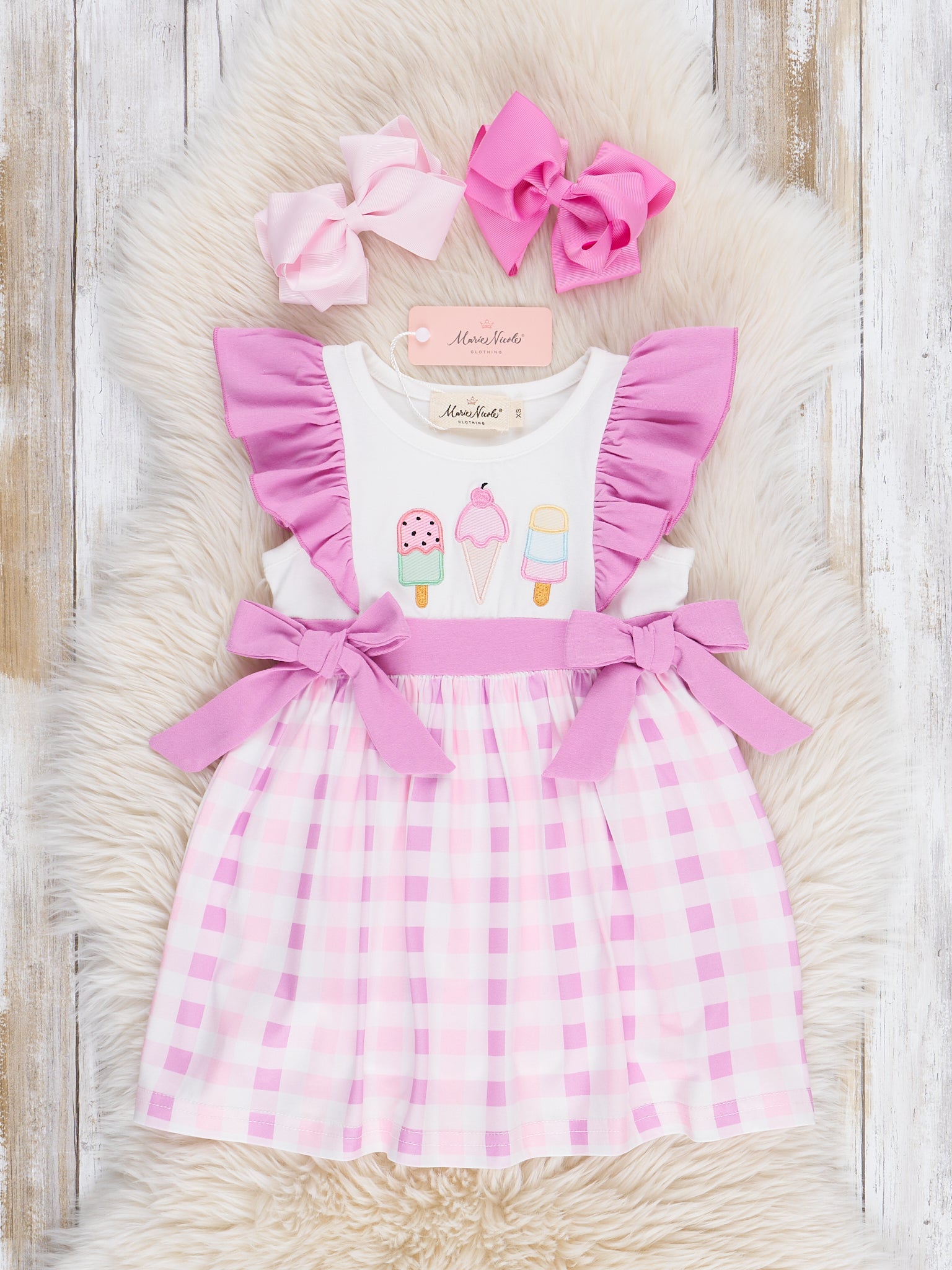 Embroidered Ice Cream Plaid Ruffle Dress - Marie Nicole Clothing