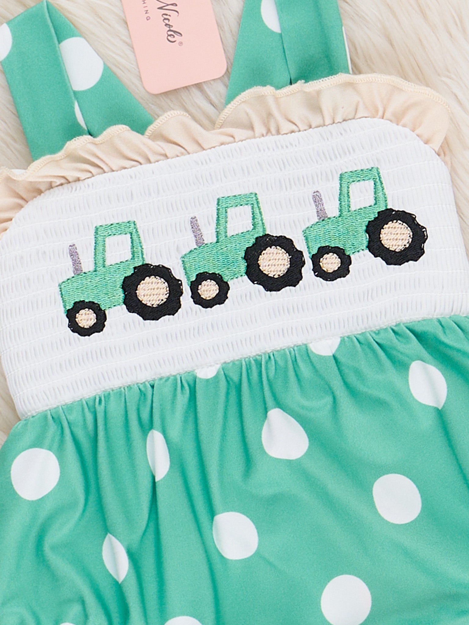 Polka Dot Tractor Smocked Bubble Romper - Marie Nicole Clothing