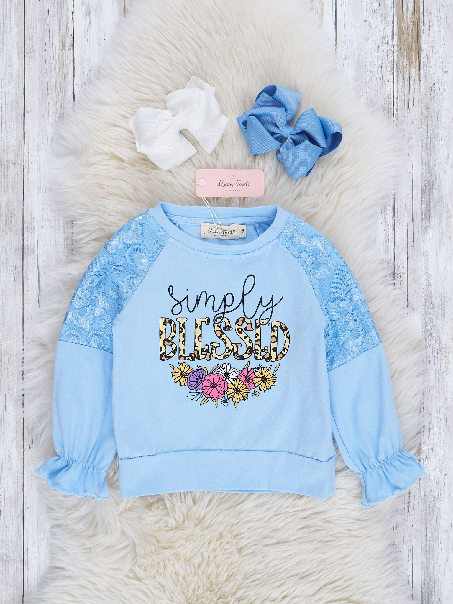 Light Blue "Simply Blessed" Ruffle Shirt - Marie Nicole Clothing
