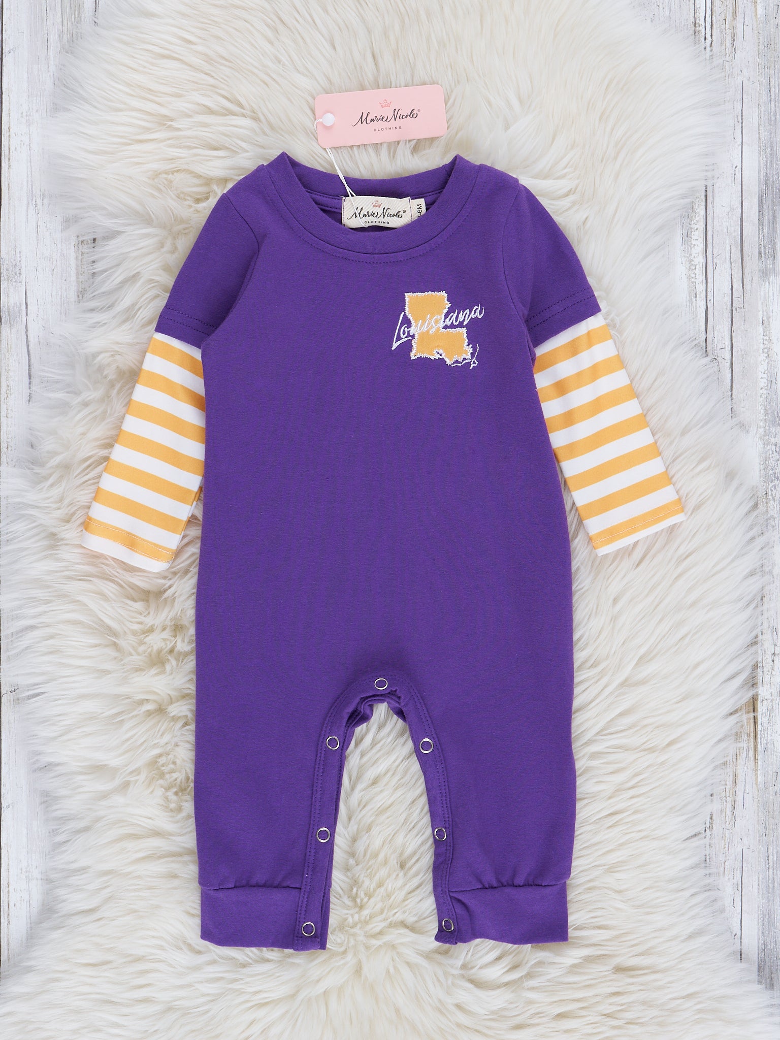 LA Purple Stripe Raglan Romper - Marie Nicole Clothing