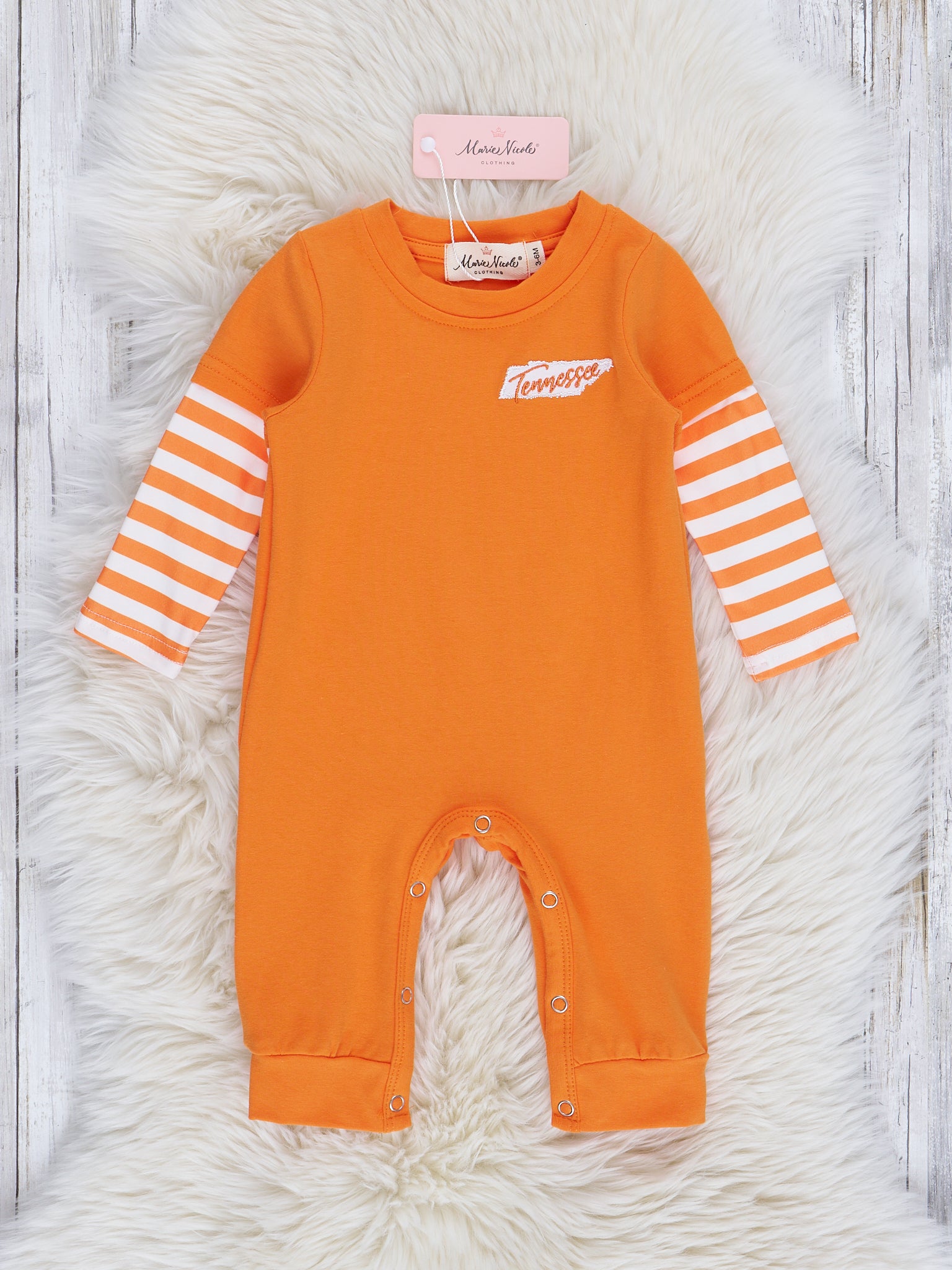 TN Orange Stripe Raglan Romper - Marie Nicole Clothing