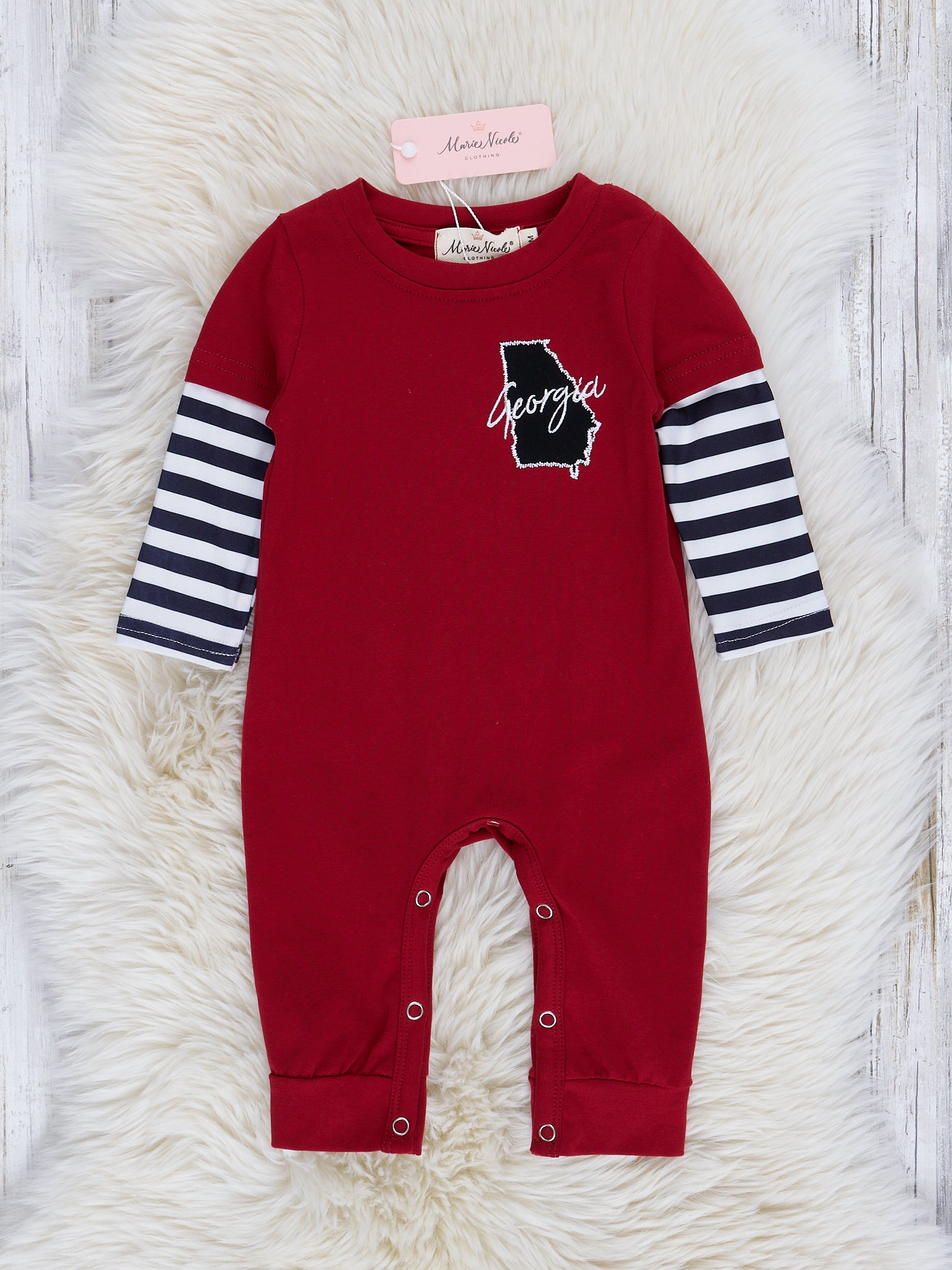 GA Red Stripe Raglan Romper - Marie Nicole Clothing