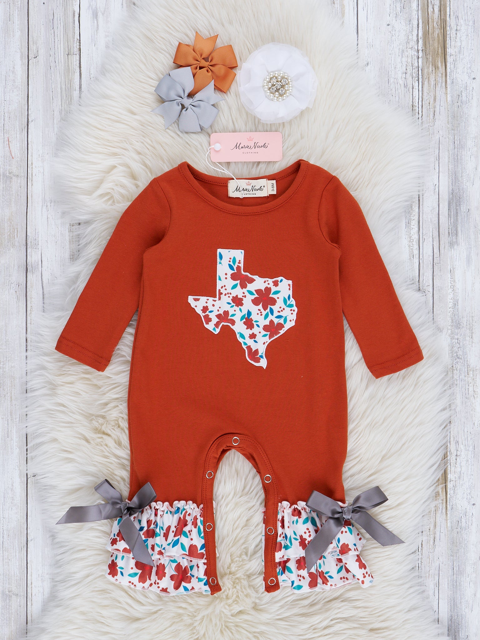 TX Burnt Orange Floral Ruffle Romper - Marie Nicole Clothing