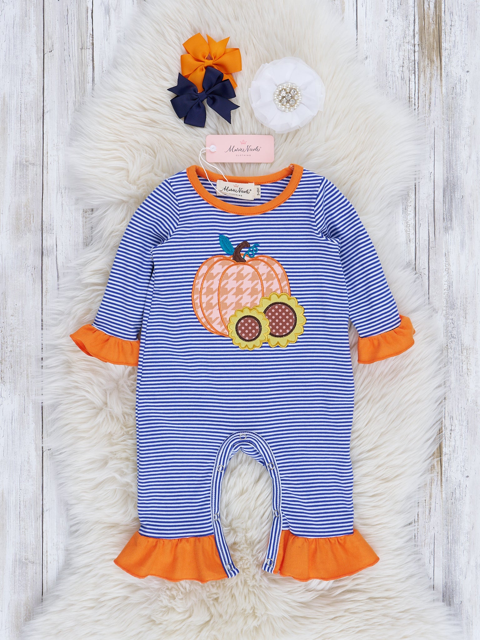Orange & Navy Stripes Embroidered Pumpkin Ruffle Romper - Marie Nicole Clothing