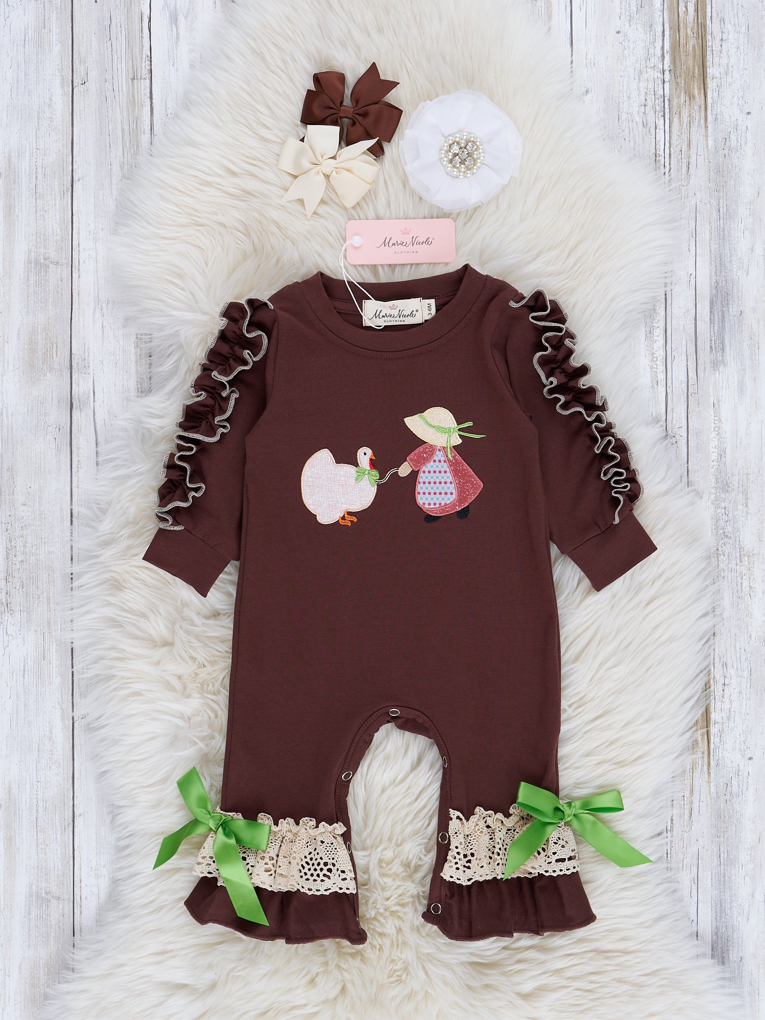Brown Embroidered Turkey Ruffle Romper - Marie Nicole Clothing