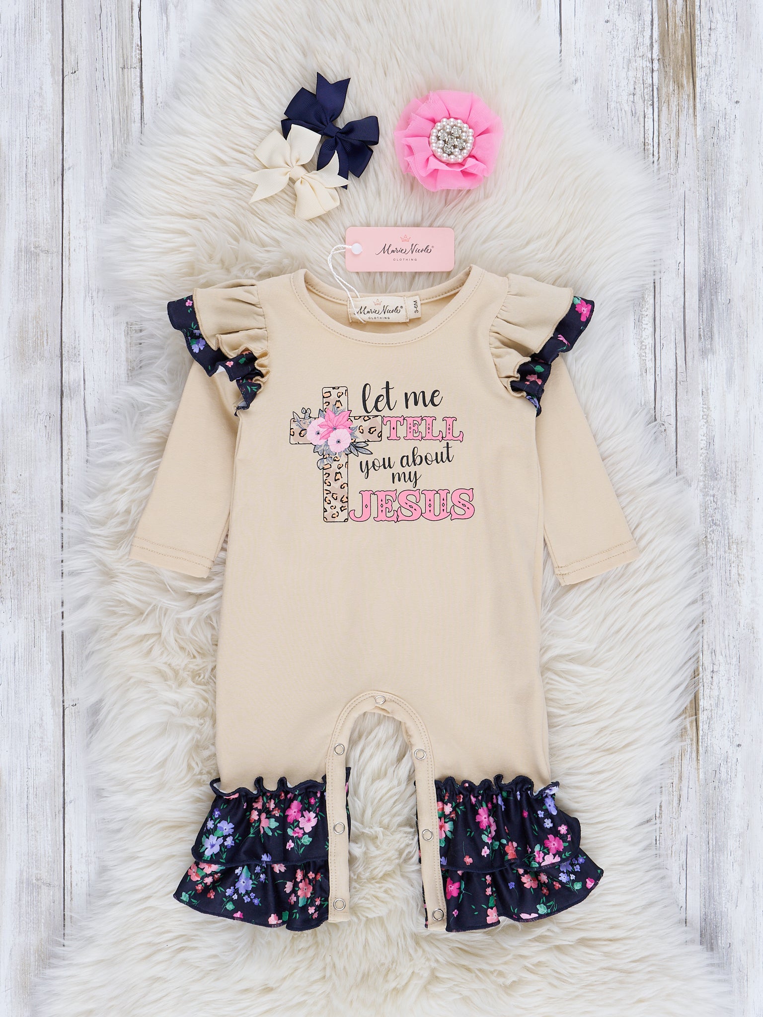 Tan Good News Floral Ruffle Romper - Marie Nicole Clothing