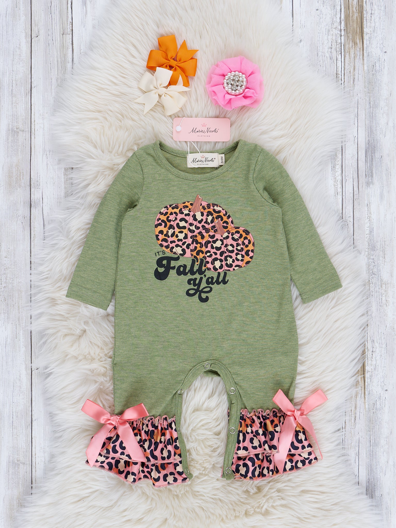 Green & Leopard "Fall Y'all" Ruffle Romper - Marie Nicole Clothing