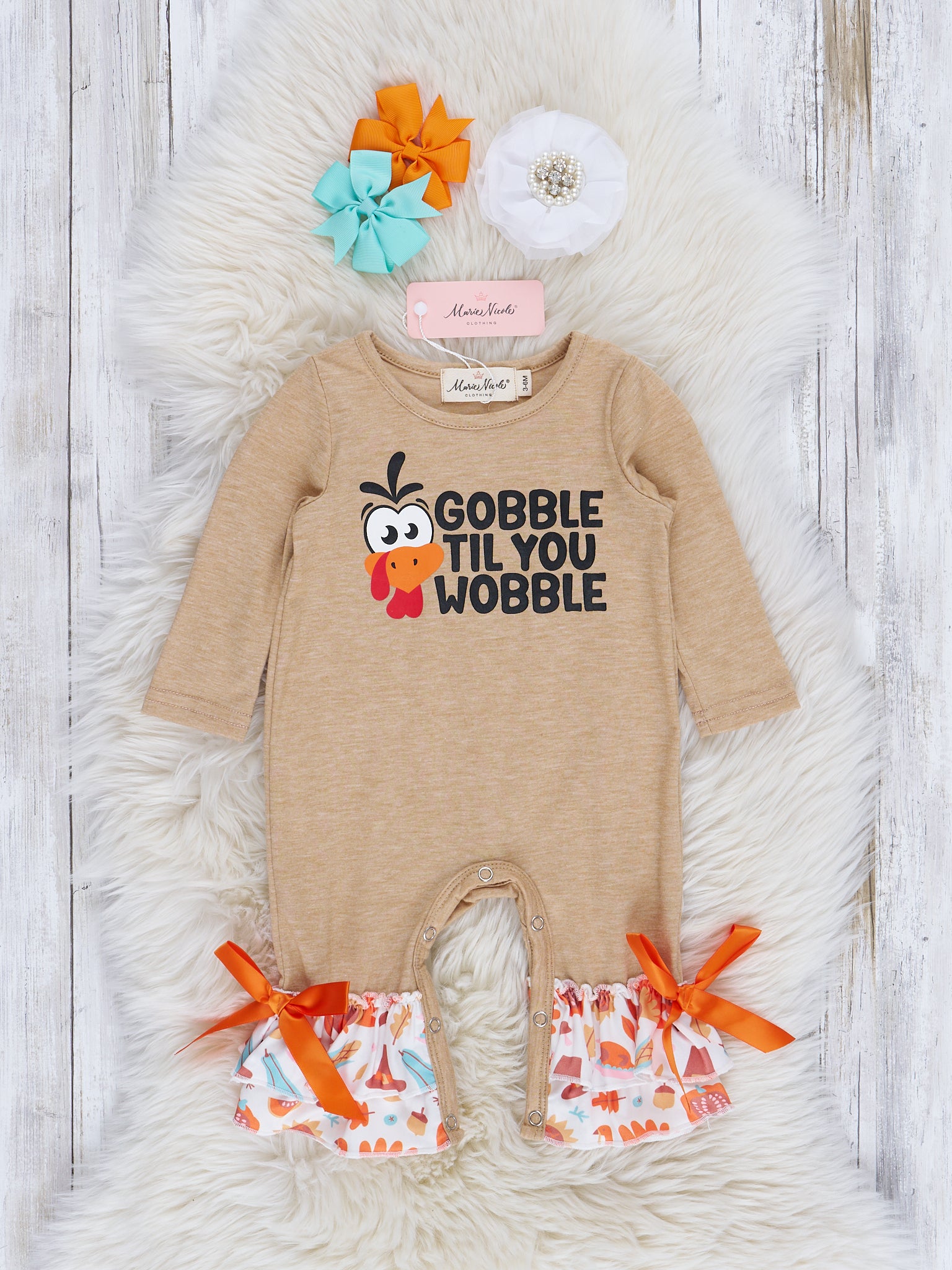 Tan "Gobble" Ruffle Romper - Marie Nicole Clothing