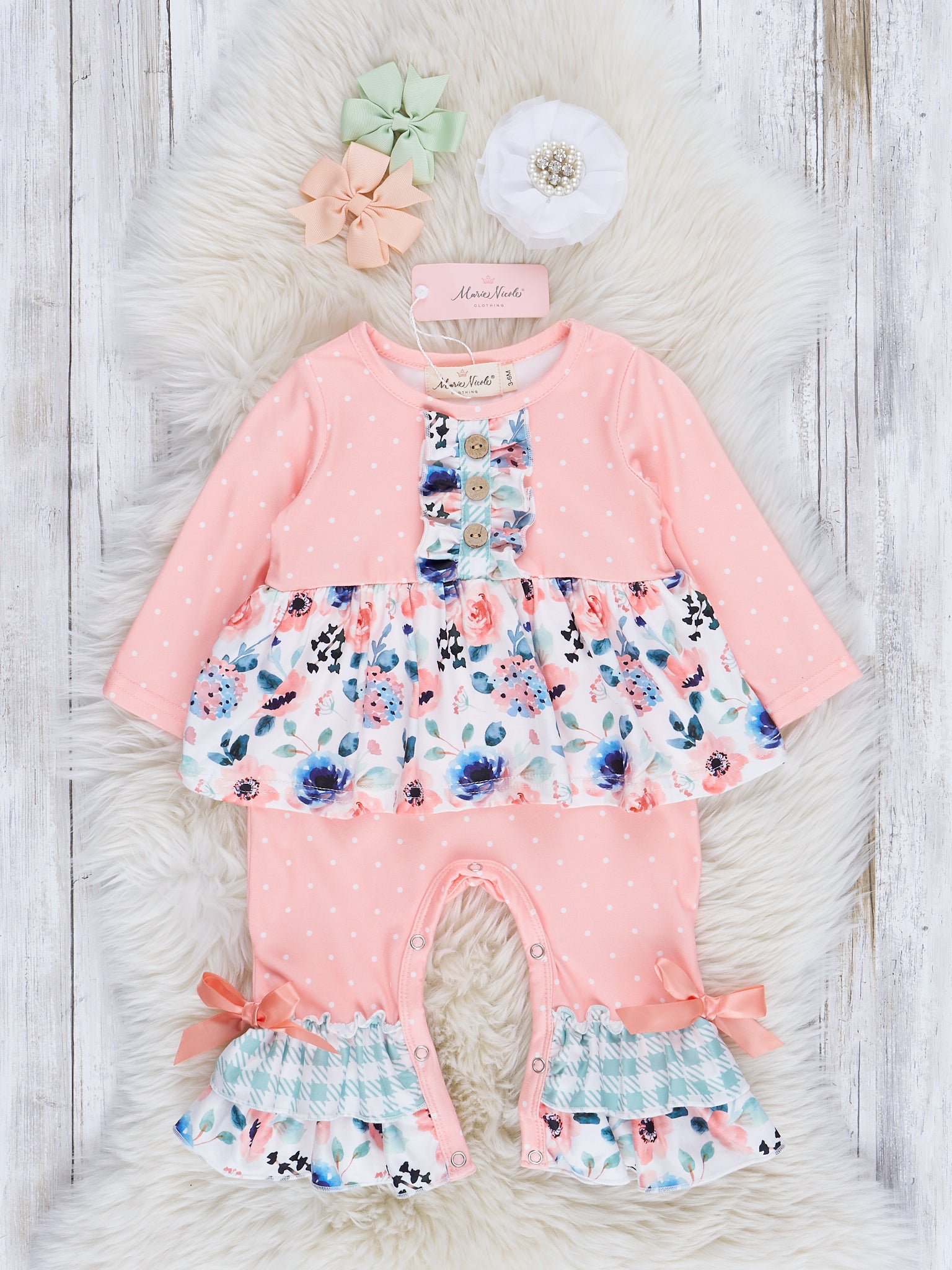 Peach & Mint Floral Ruffle Romper - Marie Nicole Clothing
