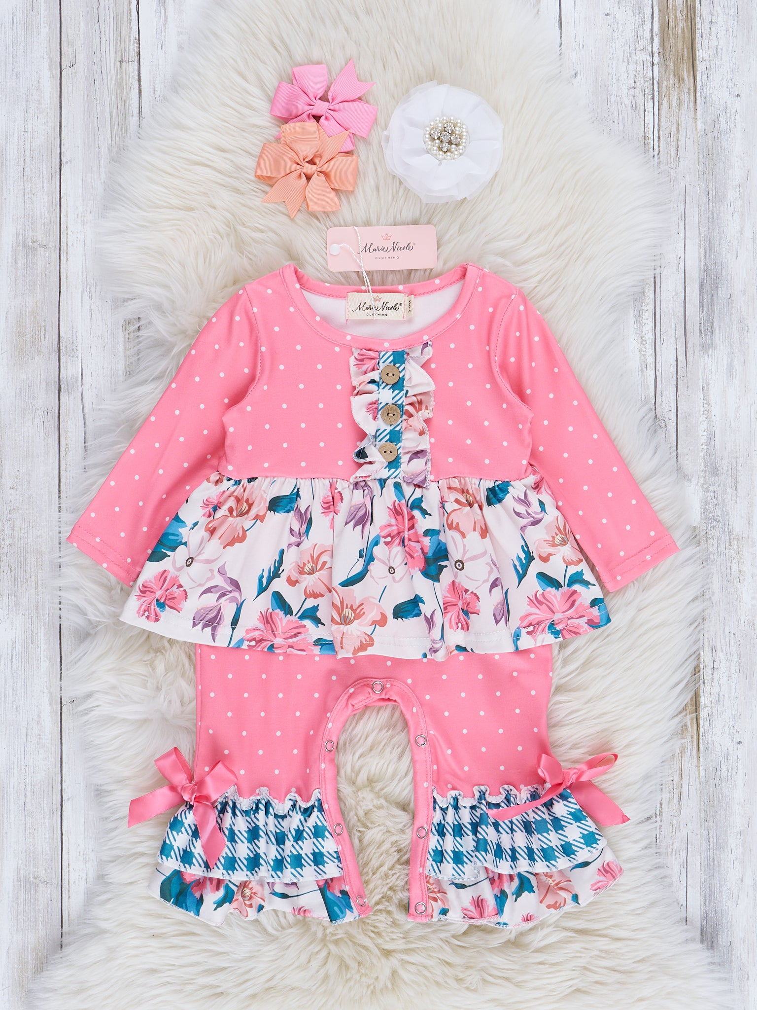 Pink & Teal Floral Ruffle Romper - Marie Nicole Clothing