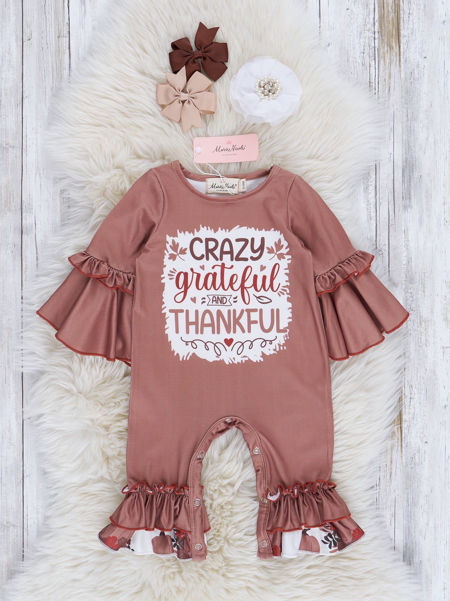 Brown Harvest "Grateful" Bell Sleeve Romper - Marie Nicole Clothing