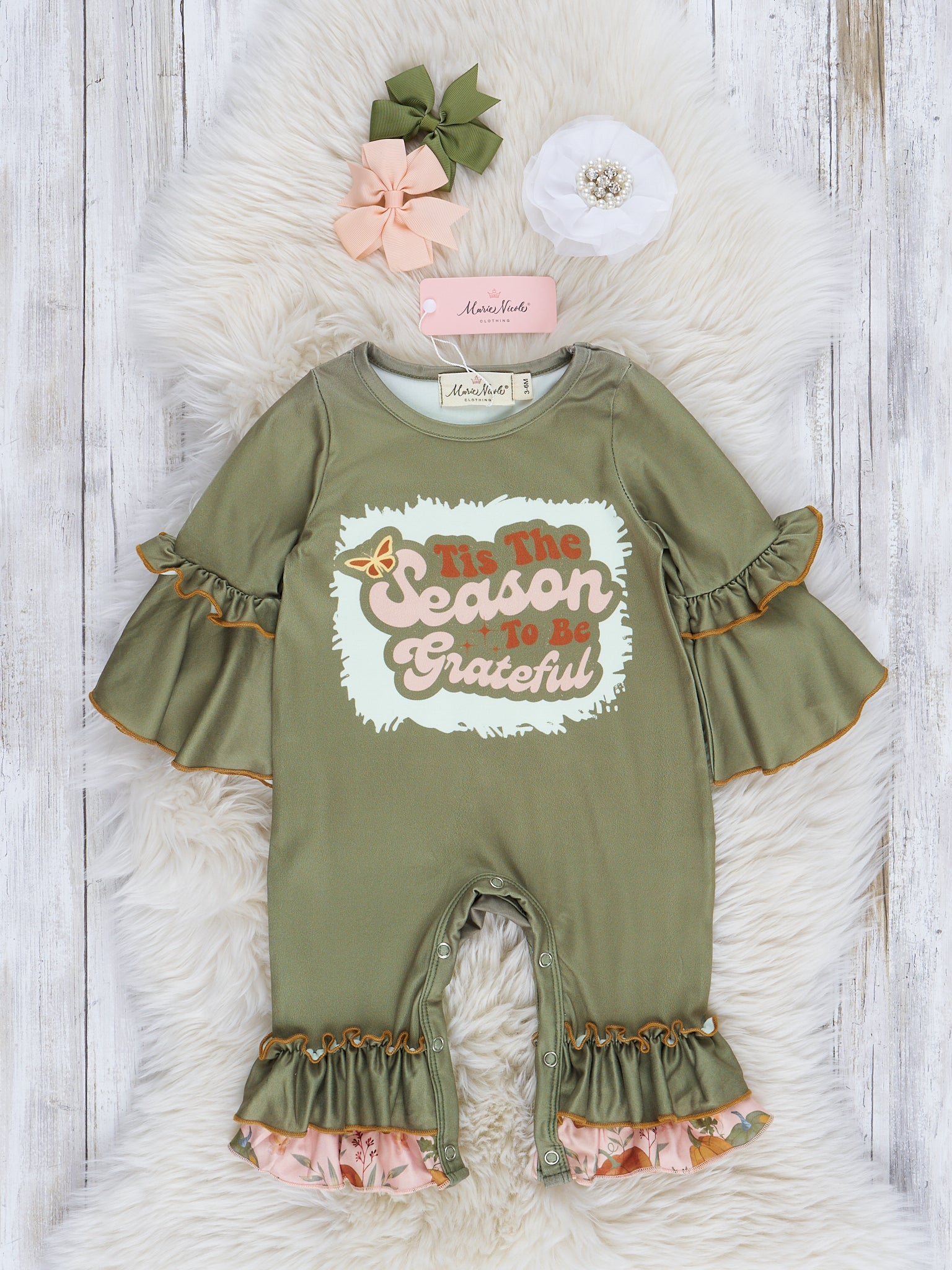Green "Grateful Season" Bell Sleeve Romper - Marie Nicole Clothing