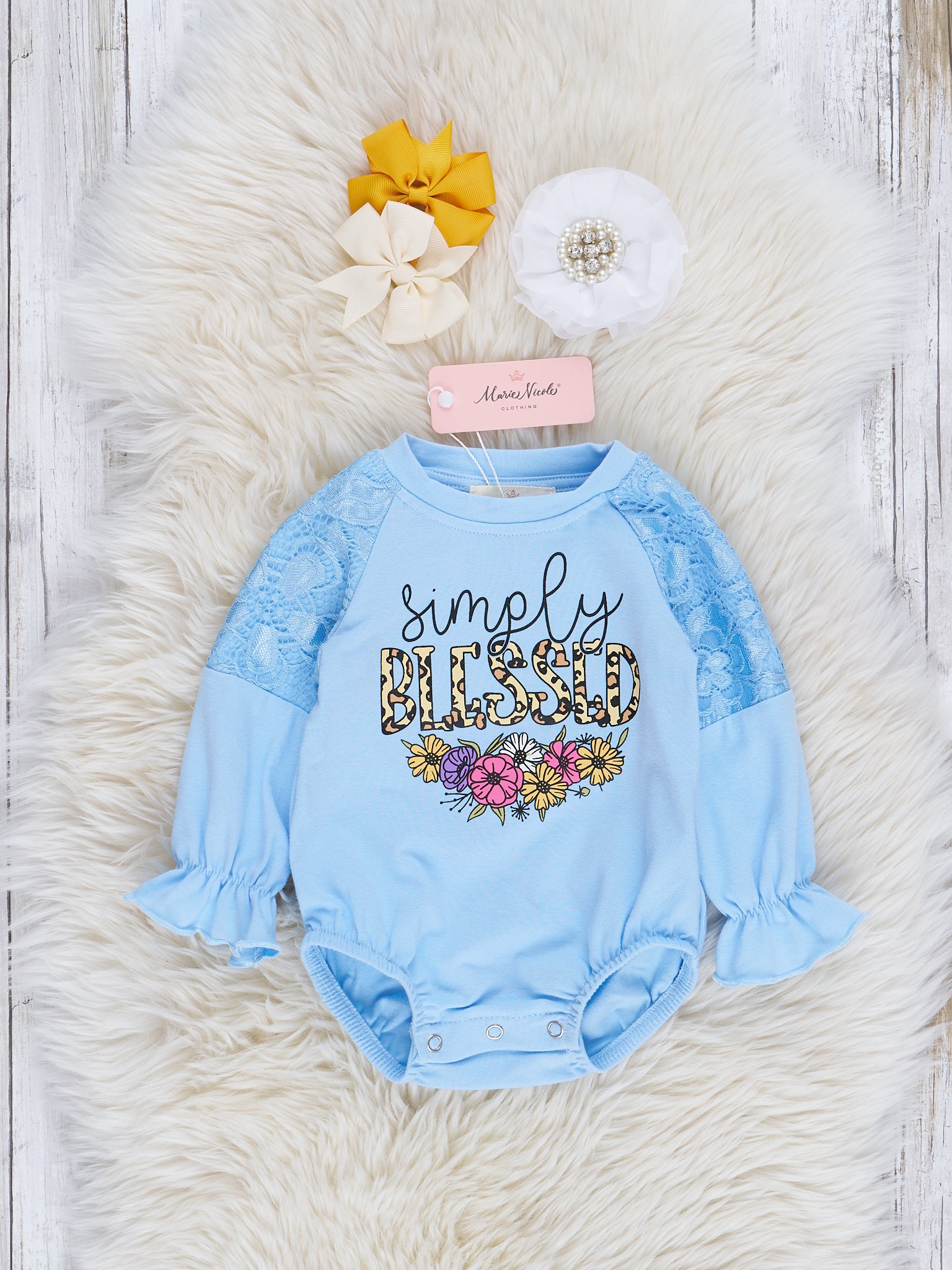 Light Blue "Simply Blessed" Ruffle Romper - Marie Nicole Clothing