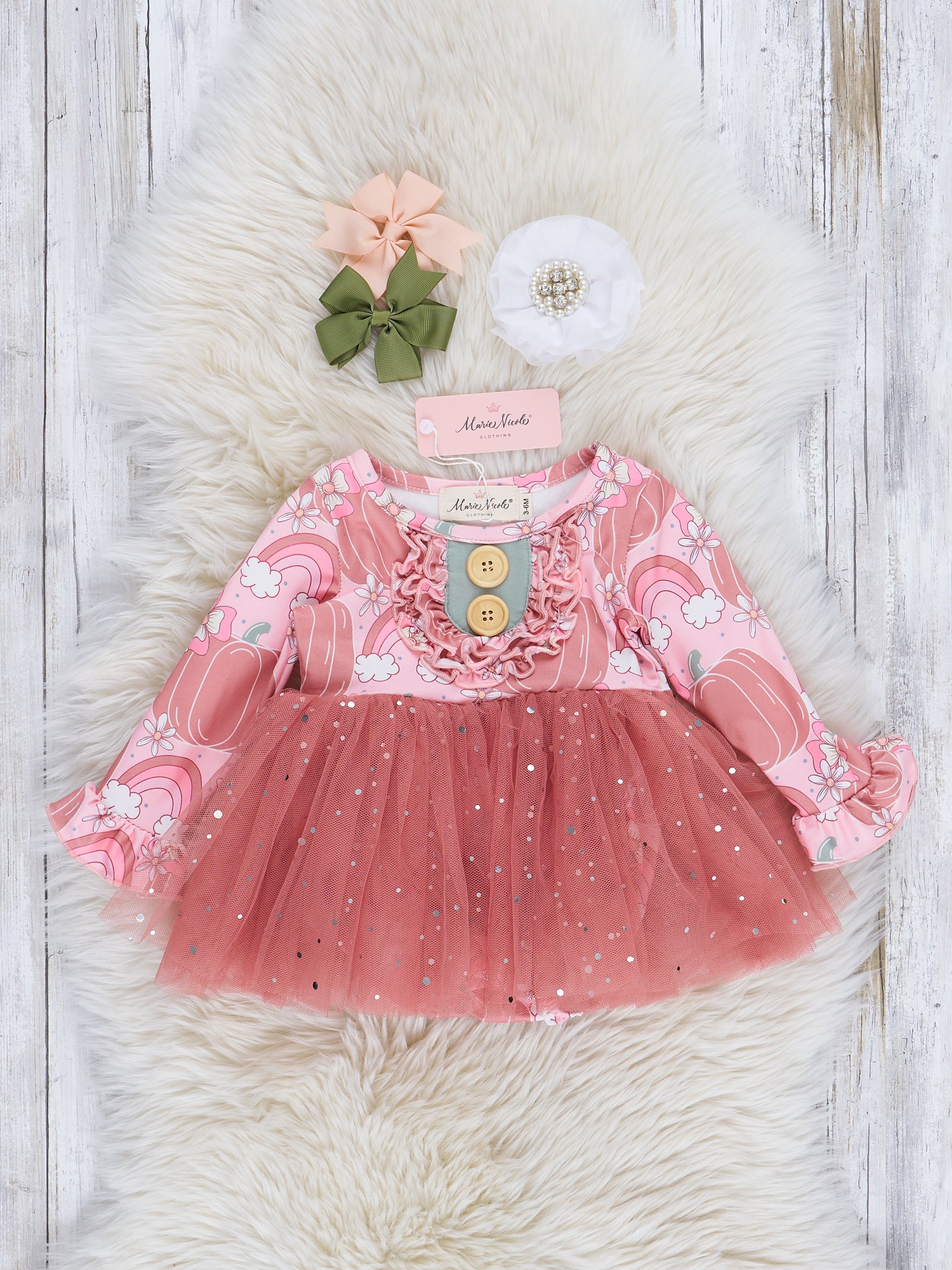Mauve Rainbows & Pumpkins Sparkle Tulle Romper - Marie Nicole Clothing