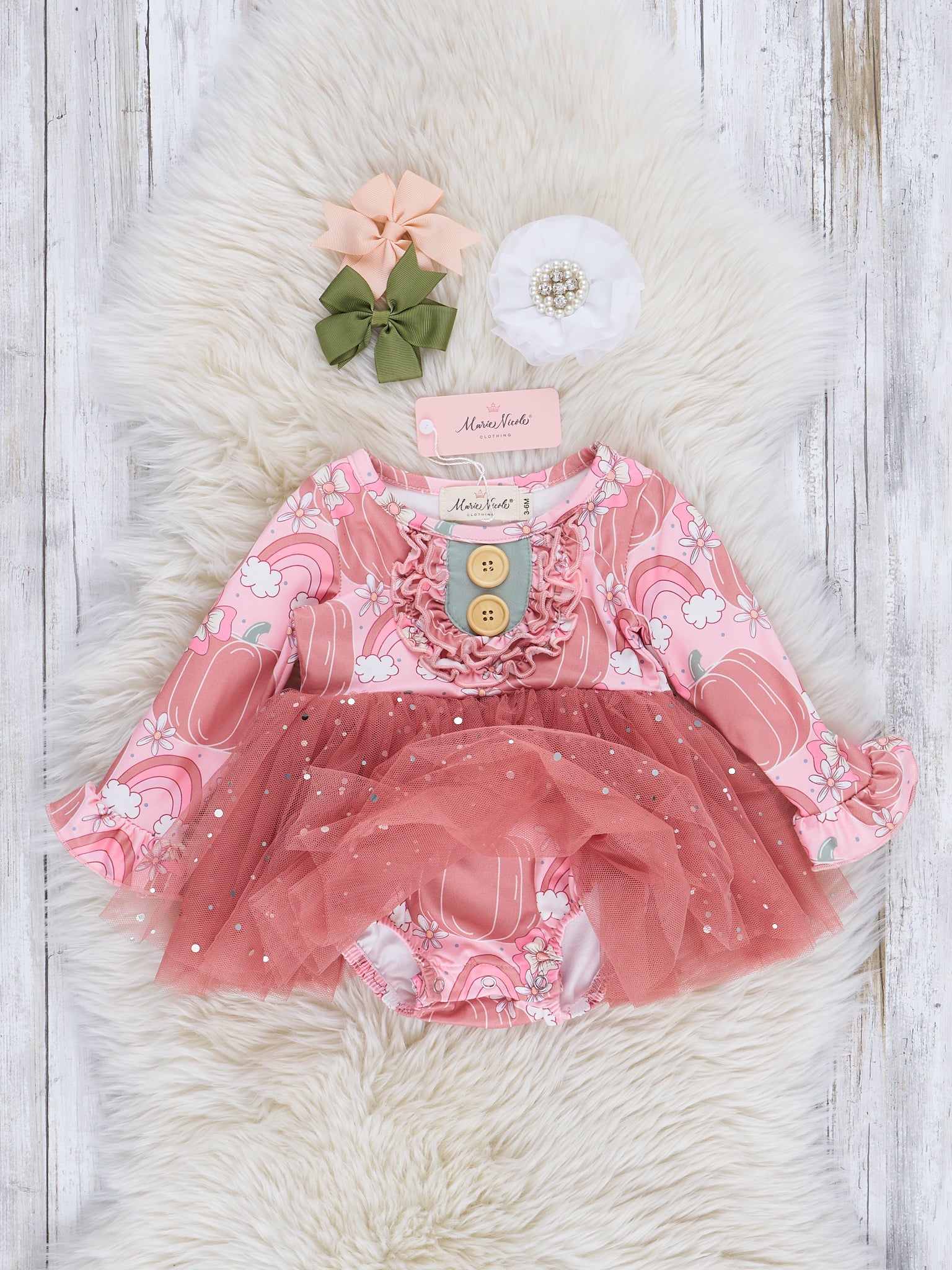 Mauve Rainbows & Pumpkins Sparkle Tulle Romper - Marie Nicole Clothing