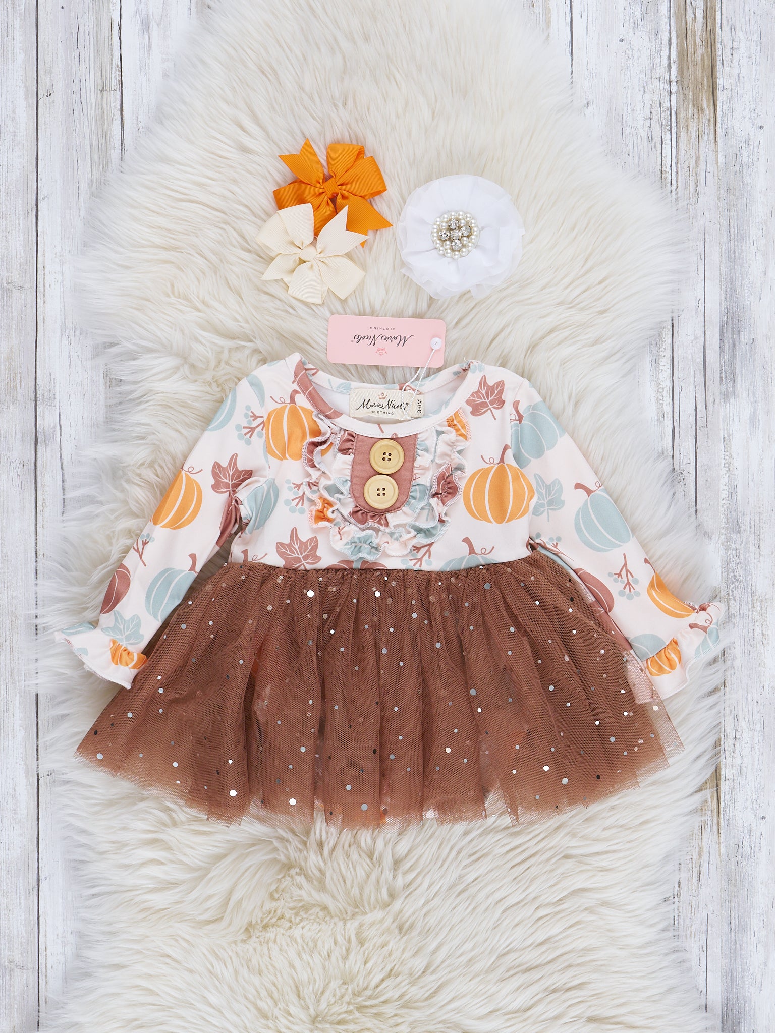 Mint & Brown Pumpkin Garden Sparkle Tulle Romper - Marie Nicole Clothing