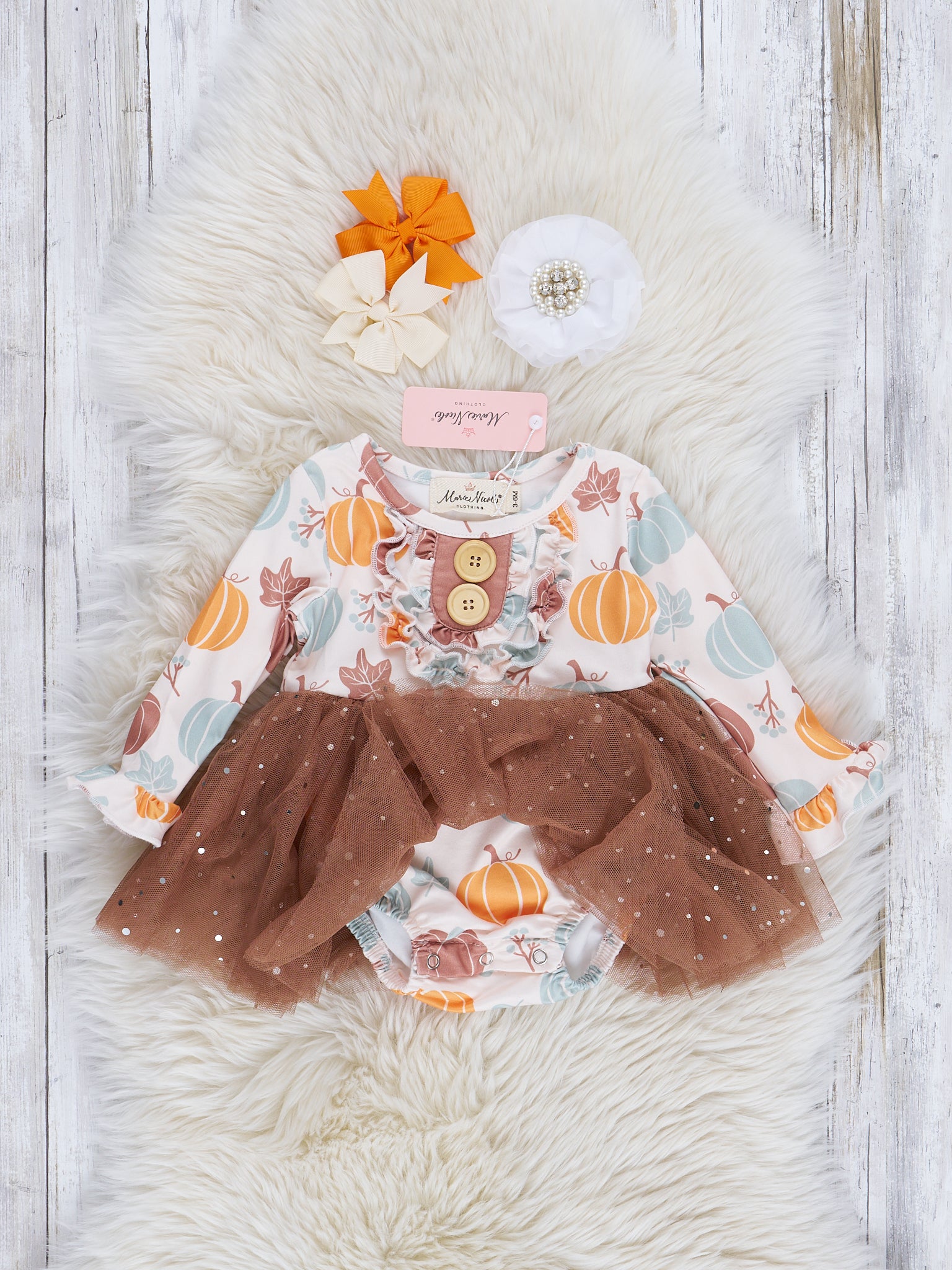 Mint & Brown Pumpkin Garden Sparkle Tulle Romper - Marie Nicole Clothing