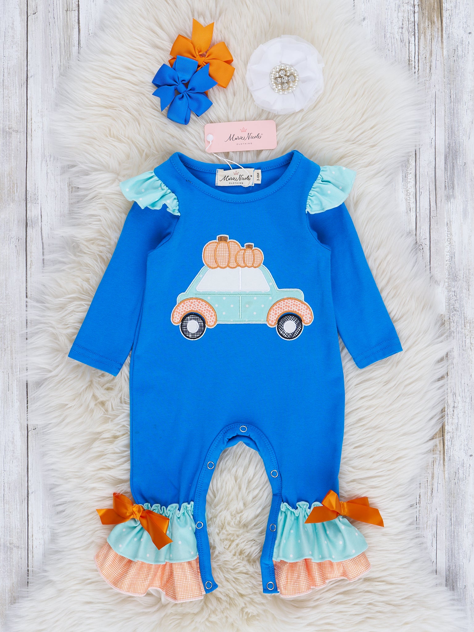 Bright Blue Pumpkin Car Ruffle Romper - Marie Nicole Clothing