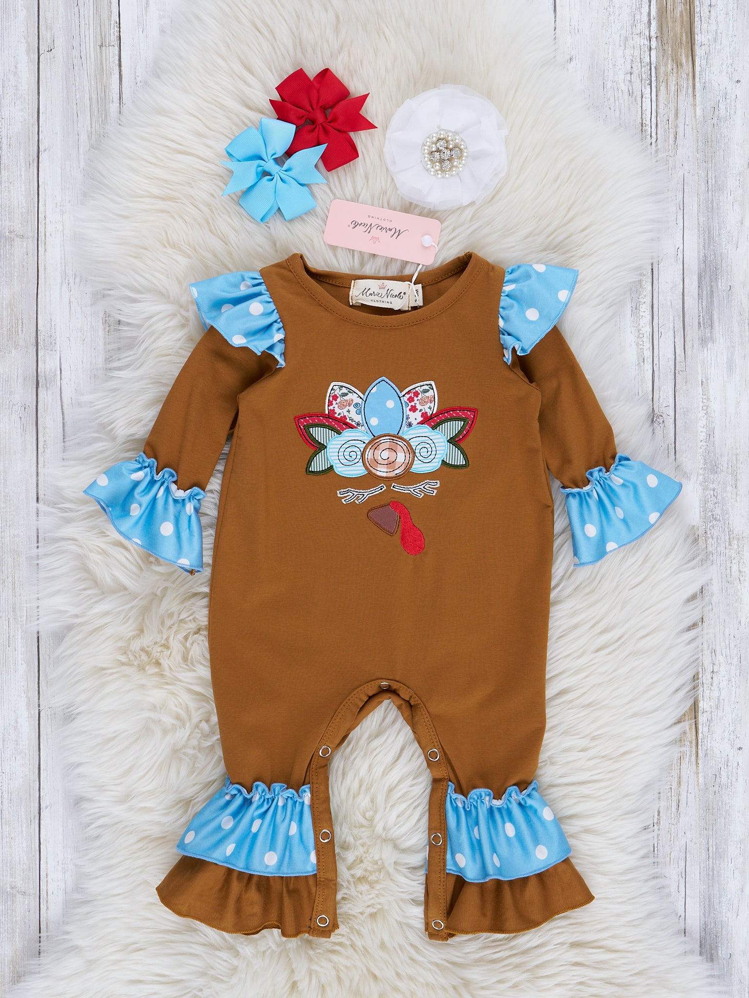 Brown & Blue Dot Embroidered Turkey Ruffle Romper - Marie Nicole Clothing