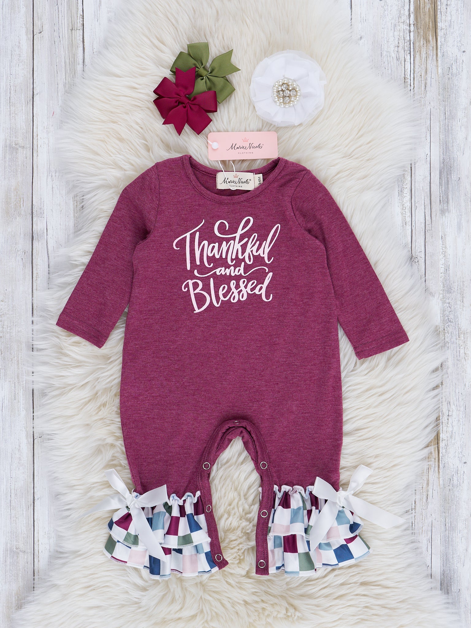 Burgundy "Thankful" Ruffle Romper - Marie Nicole Clothing
