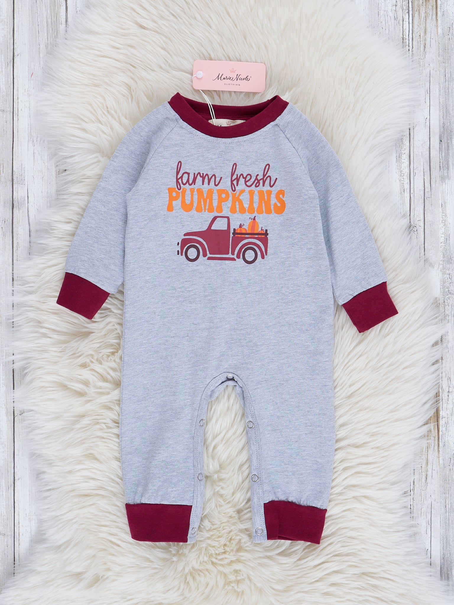 Grey & Maroon "Farm Fresh Pumpkins" Romper - Marie Nicole Clothing