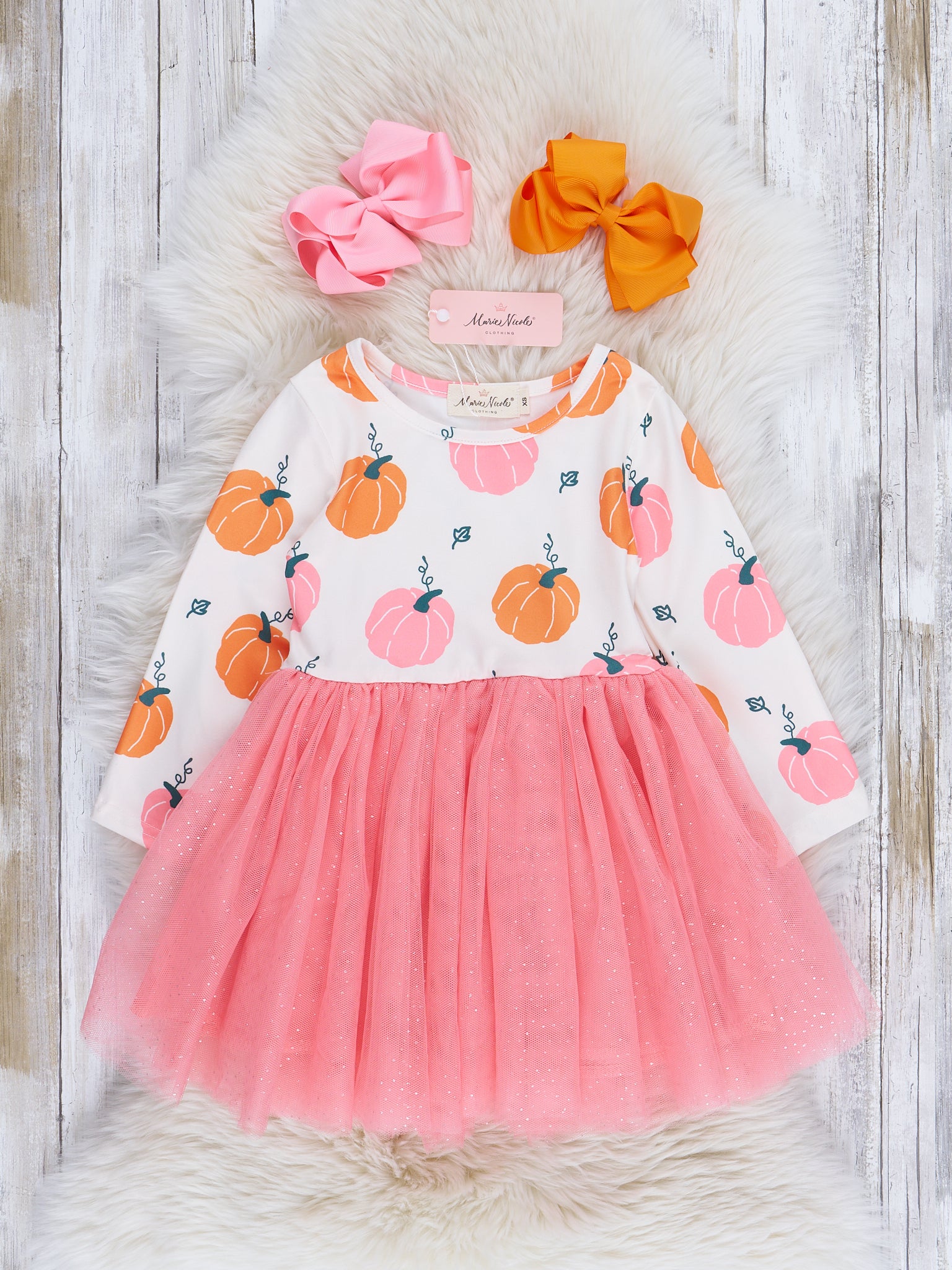 Pink & Orange Pumpkins Tulle Dress - Marie Nicole Clothing
