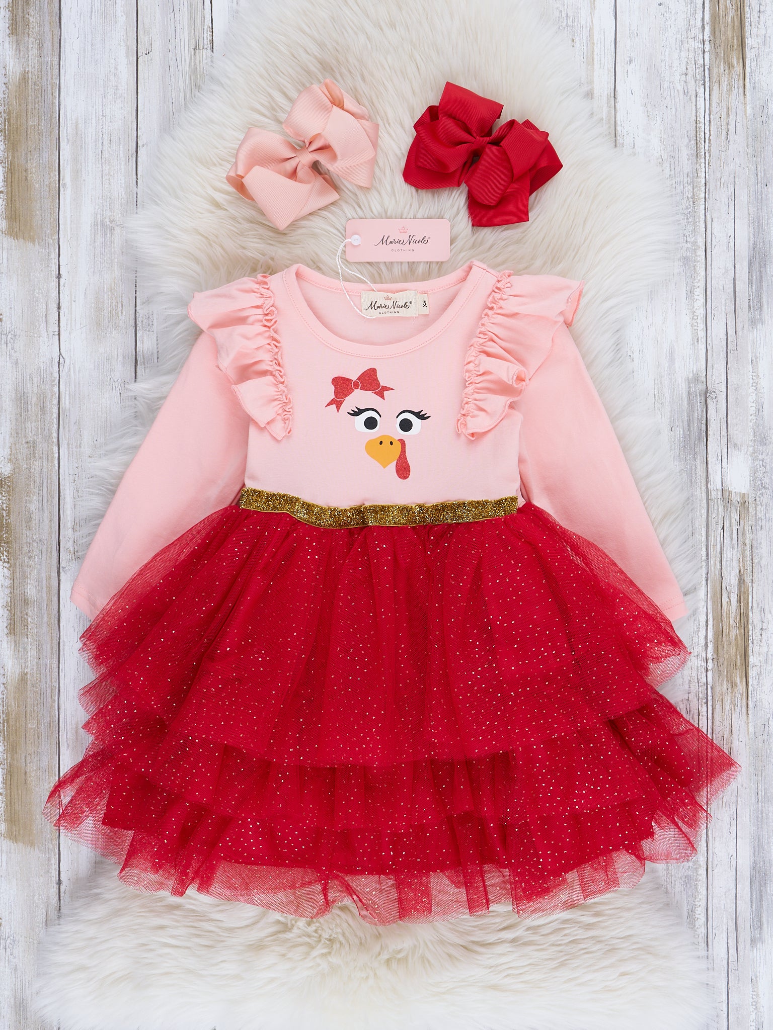 Pink & Red Turkey Tiered Tulle Dress - Marie Nicole Clothing