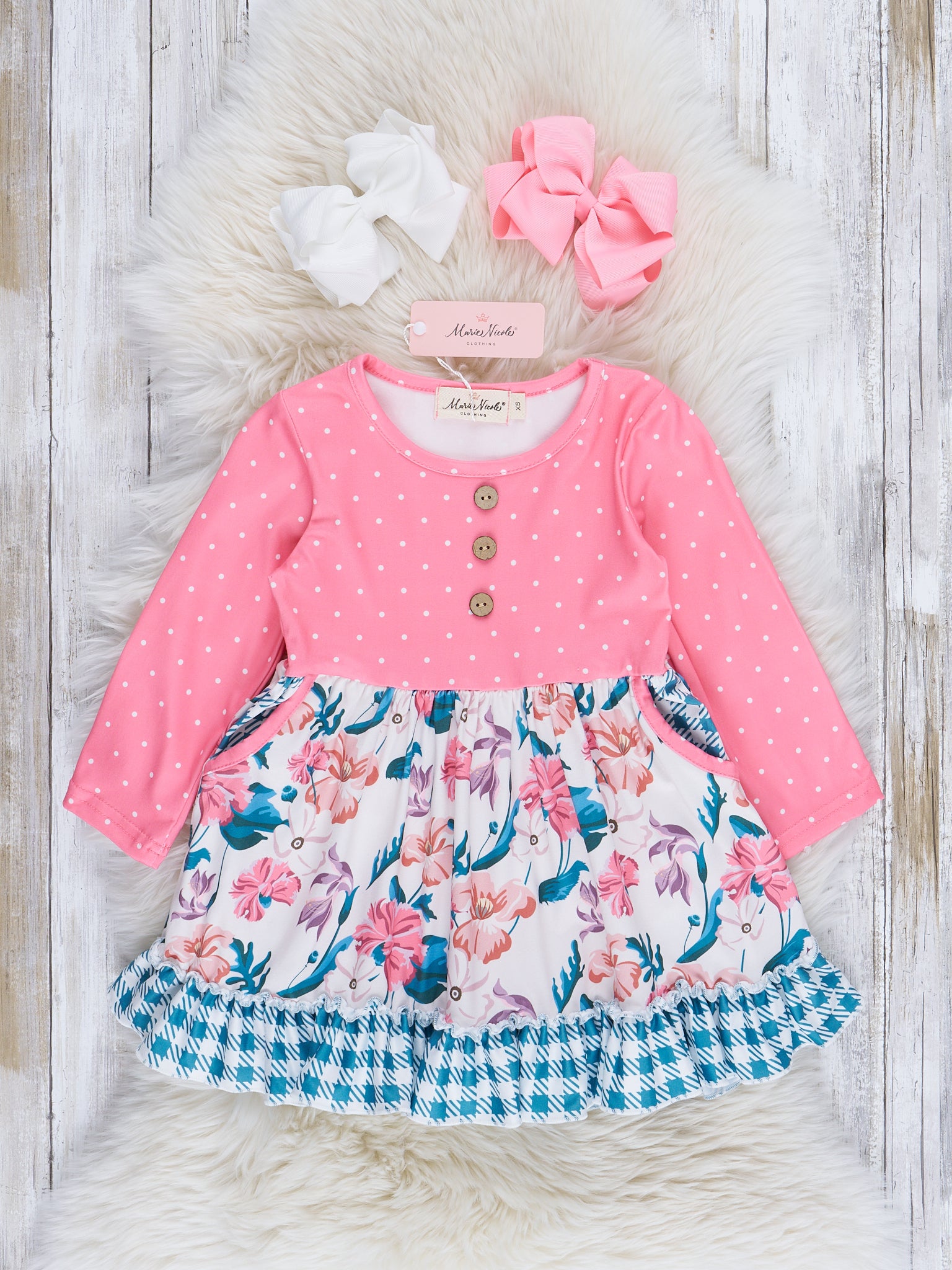 Pink & Teal Floral Ruffle Dress - Marie Nicole Clothing