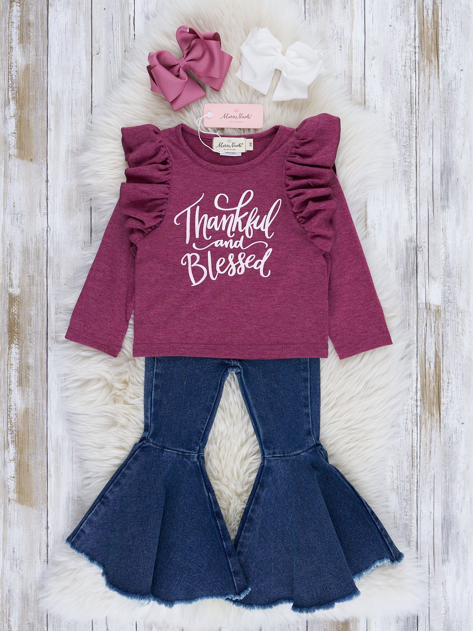 Burgundy "Thankful" Ruffle Bell Bottom Outfit - Marie Nicole Clothing