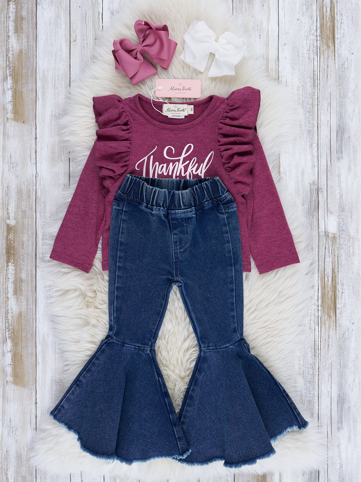 Burgundy "Thankful" Ruffle Bell Bottom Outfit - Marie Nicole Clothing