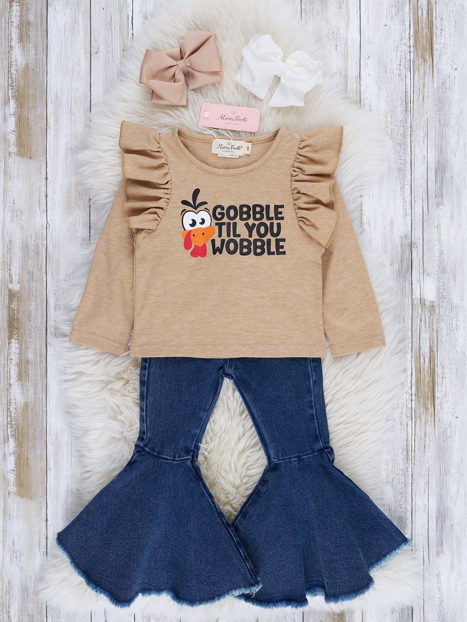 Tan "Gobble" Ruffle Bell Bottom Outfit - Marie Nicole Clothing