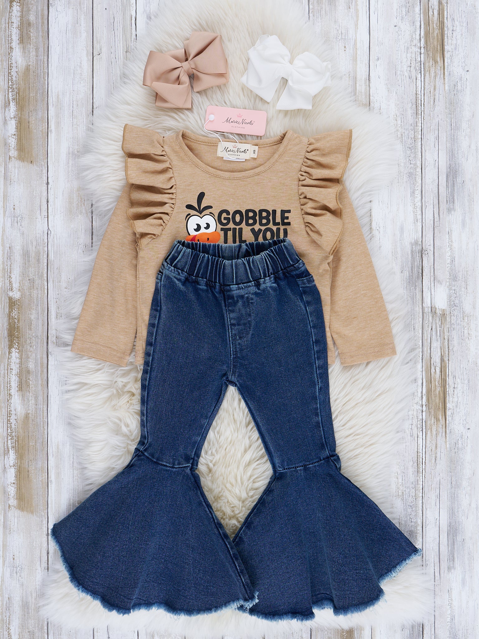 Tan "Gobble" Ruffle Bell Bottom Outfit - Marie Nicole Clothing