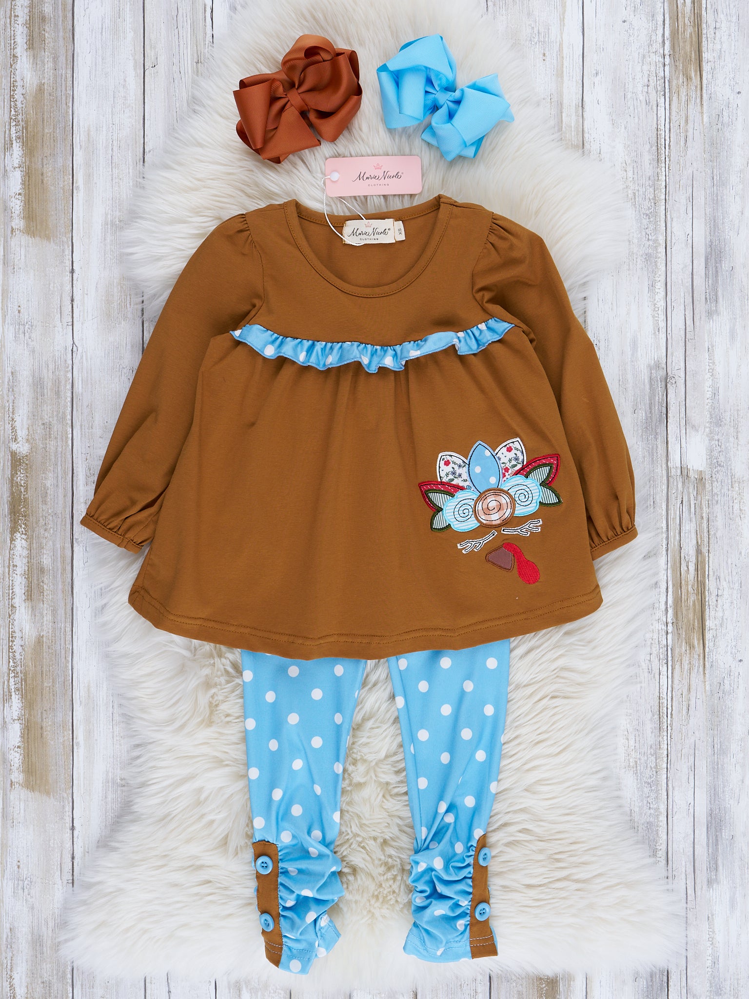 Brown & Blue Dot Embroidered Turkey Ruffle Outfit - Marie Nicole Clothing