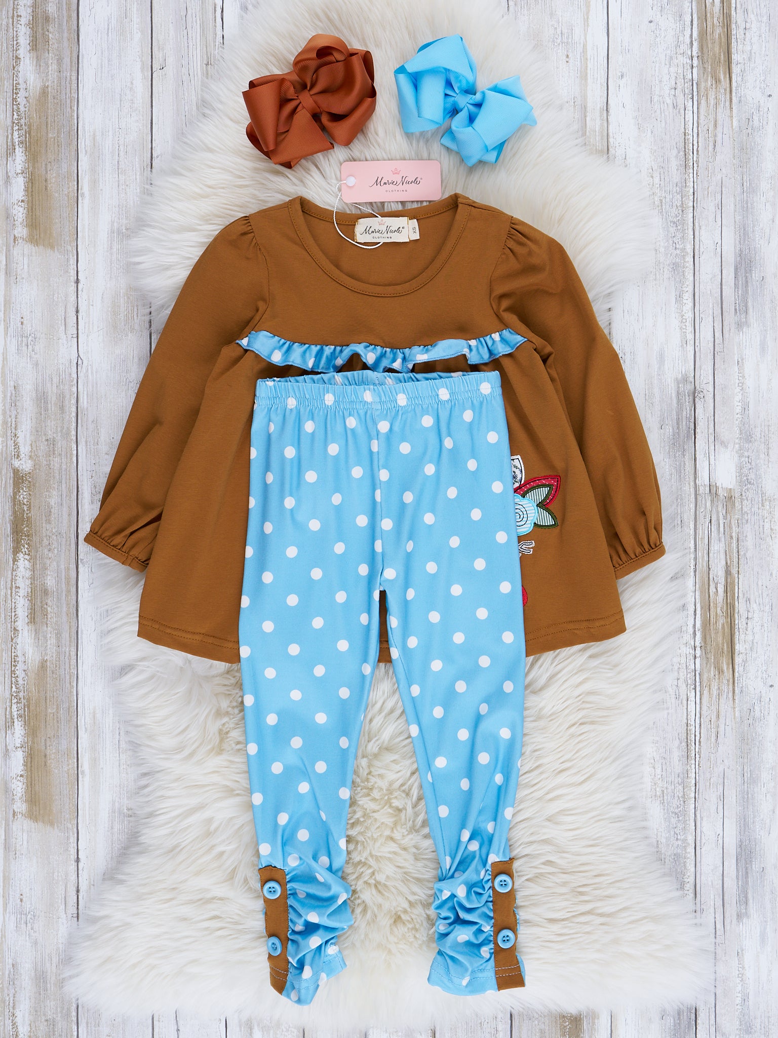 Brown & Blue Dot Embroidered Turkey Ruffle Outfit - Marie Nicole Clothing