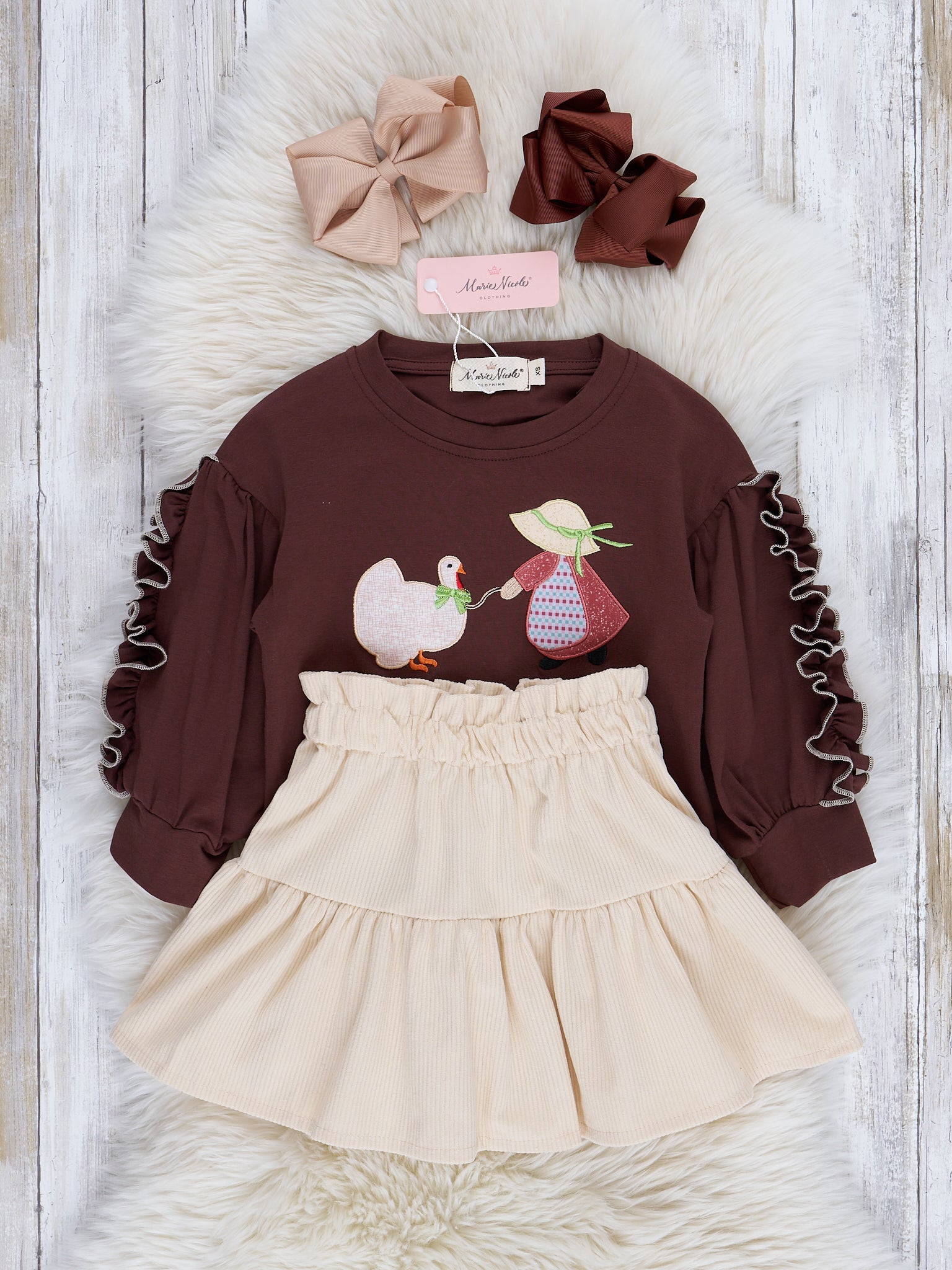 Brown Embroidered Turkey Ruffle Outfit - Marie Nicole Clothing