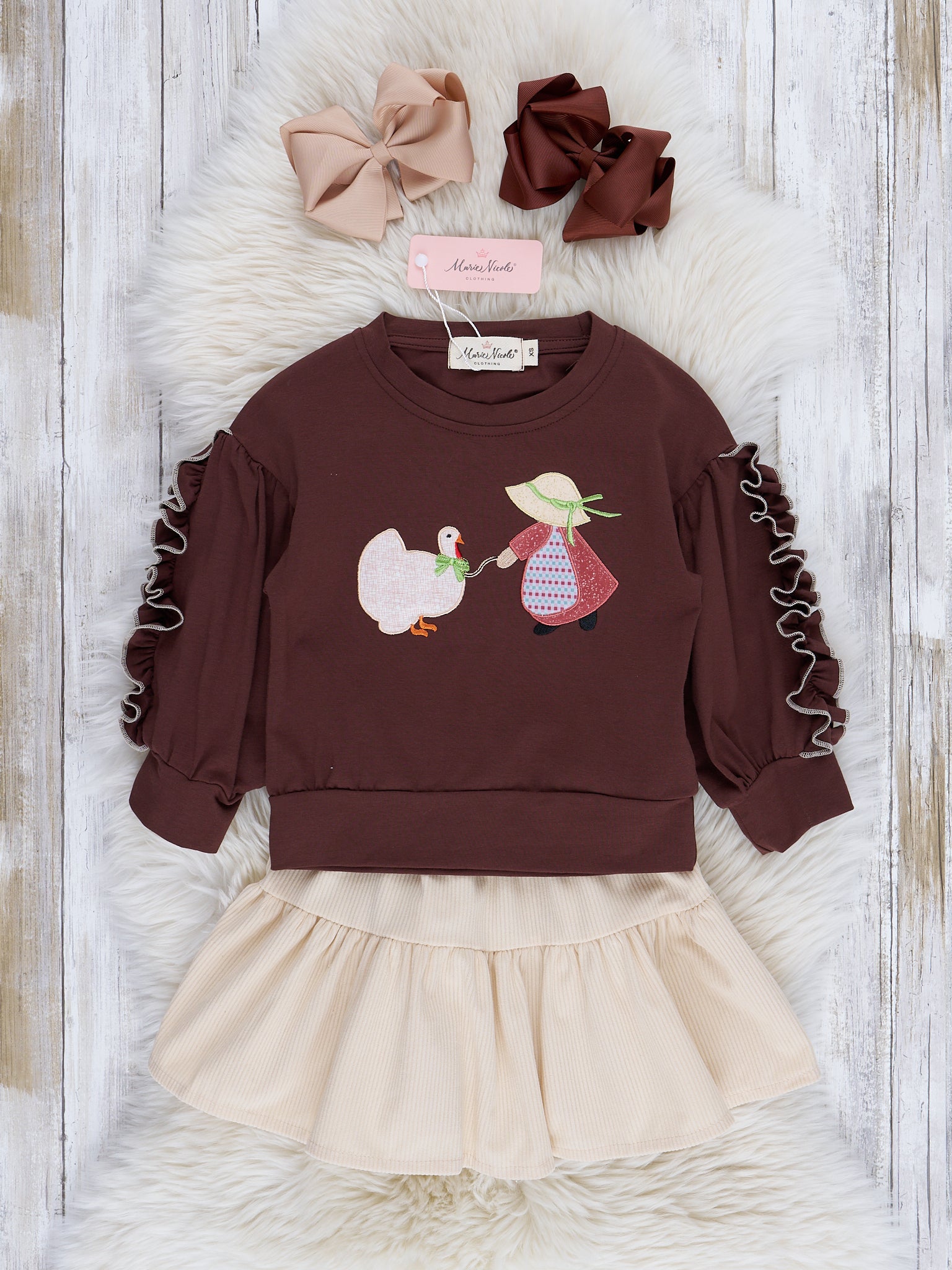 Brown Embroidered Turkey Ruffle Outfit - Marie Nicole Clothing