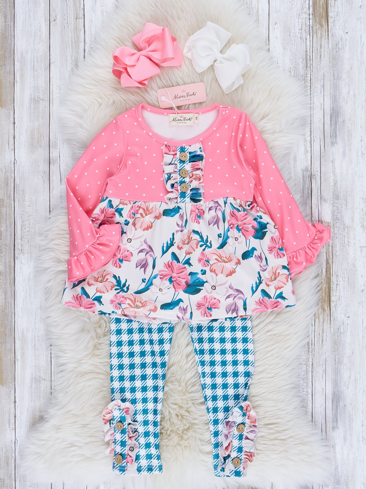 Pink & Teal Floral Ruffle Outfit - Marie Nicole Clothing