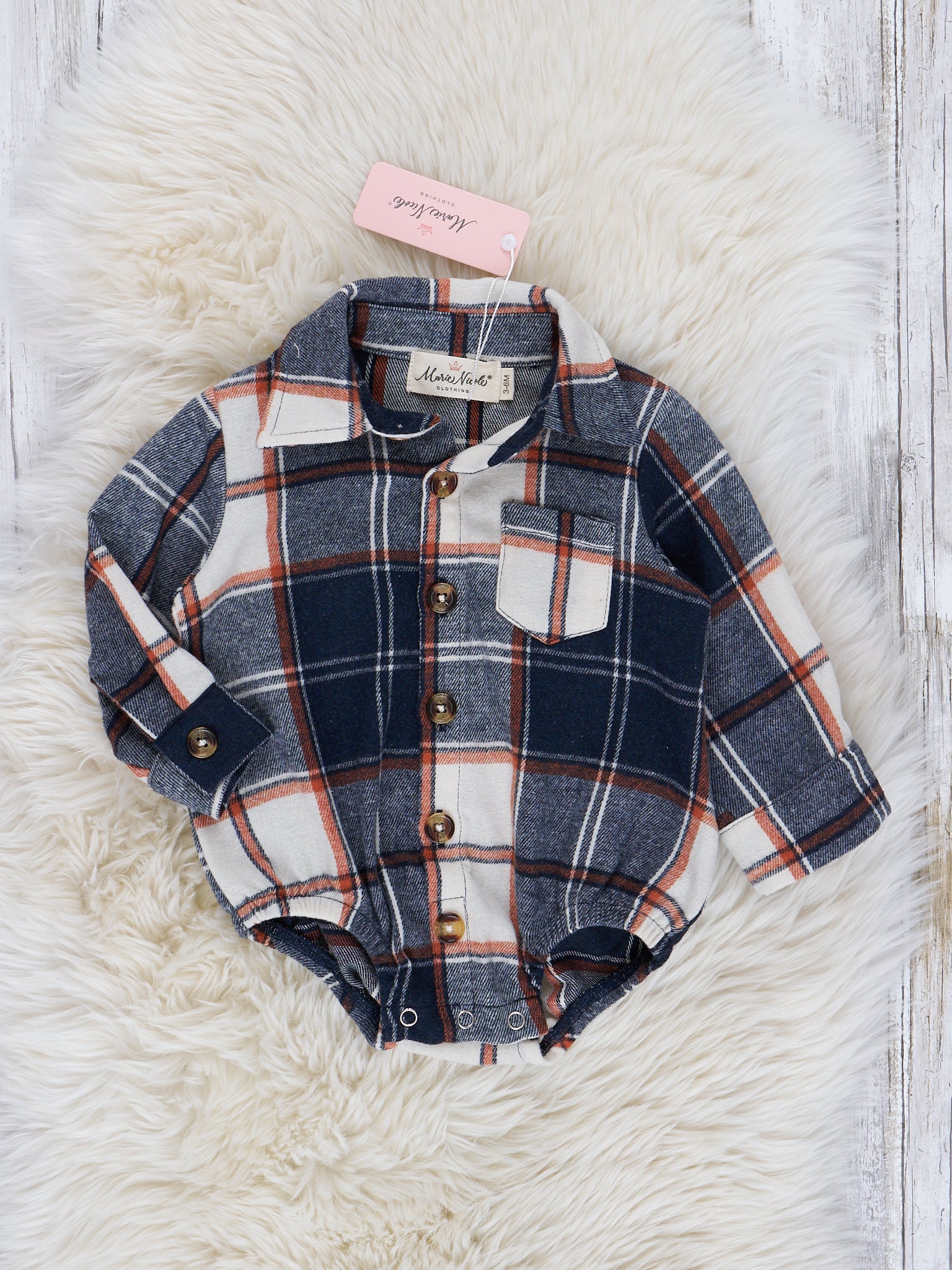Navy & Burnt Orange Plaid Button Up Romper - Marie Nicole Clothing