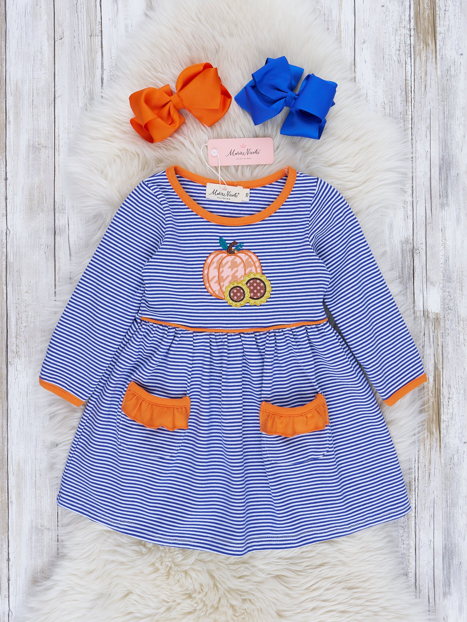 Orange & Navy Stripes Embroidered Pumpkin Dress - Marie Nicole Clothing