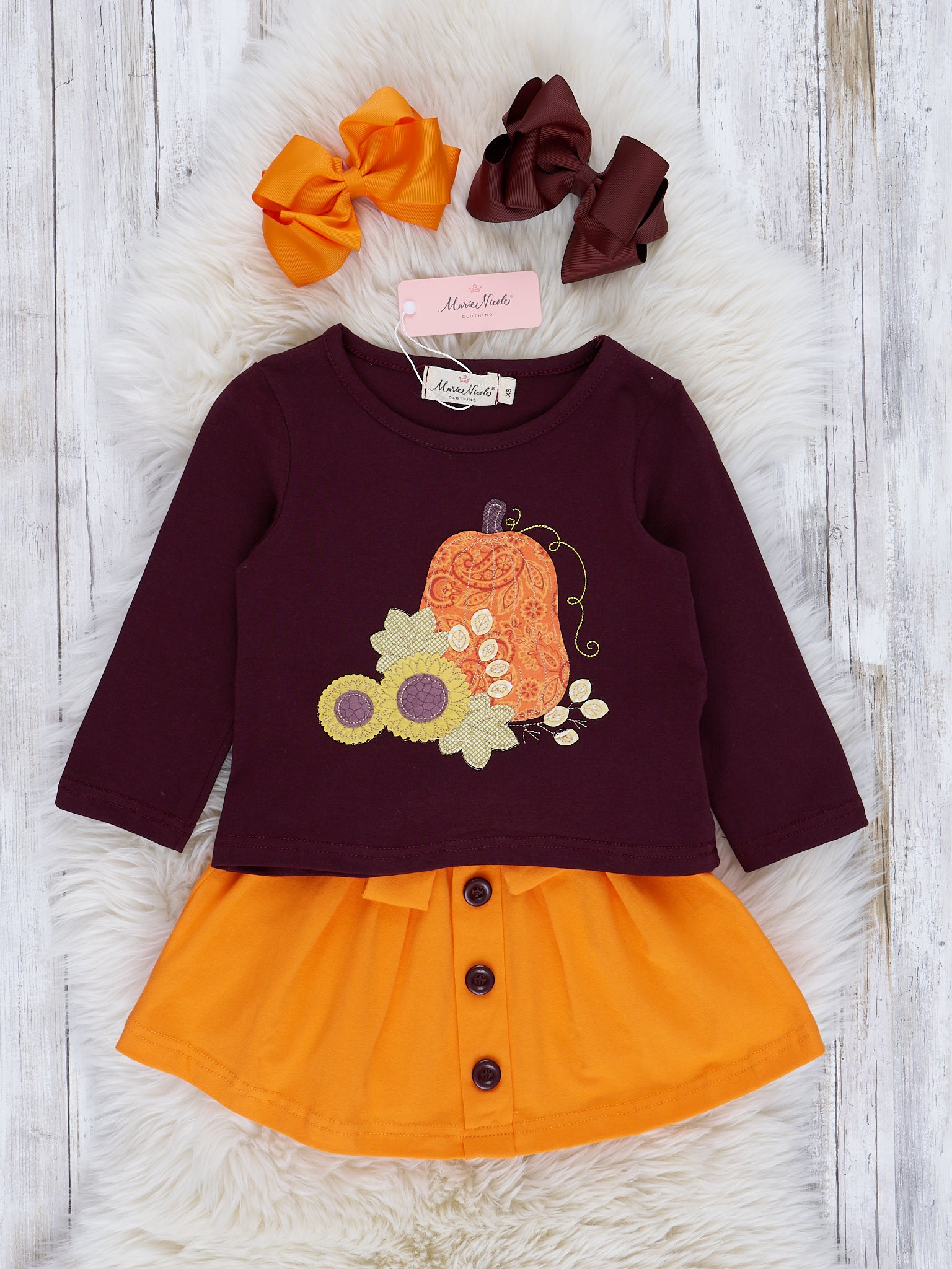 Brown & Orange Embroidered Gourd Outfit w/ Skirt - Marie Nicole Clothing