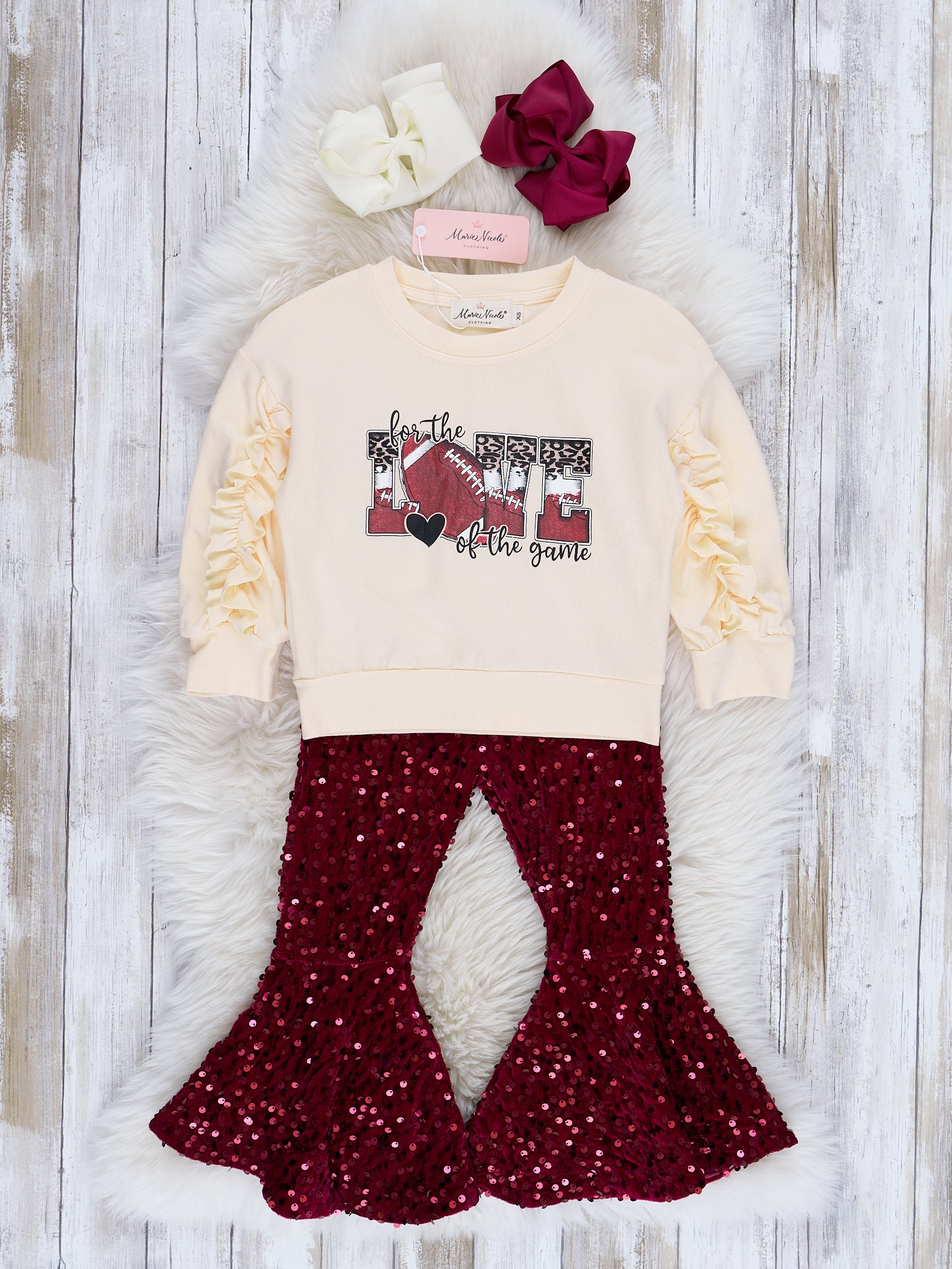 Cream & Maroon Sequin Football Love Bell Bottom Outfit - Marie Nicole Clothing