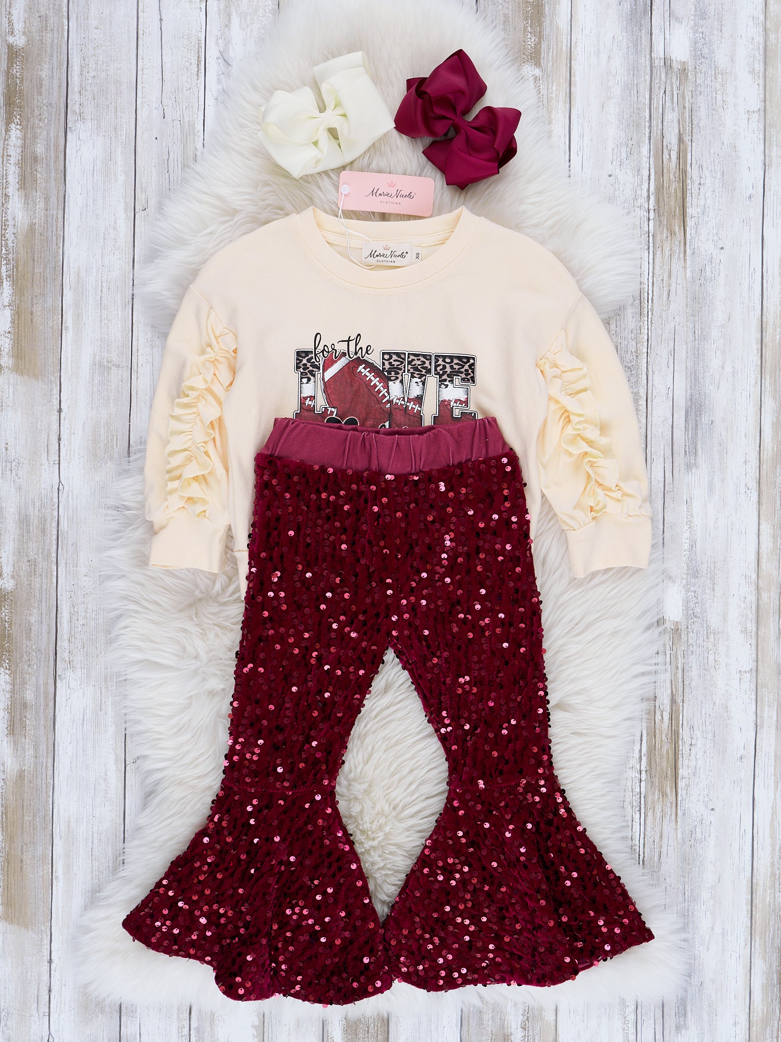 Cream & Maroon Sequin Football Love Bell Bottom Outfit - Marie Nicole Clothing